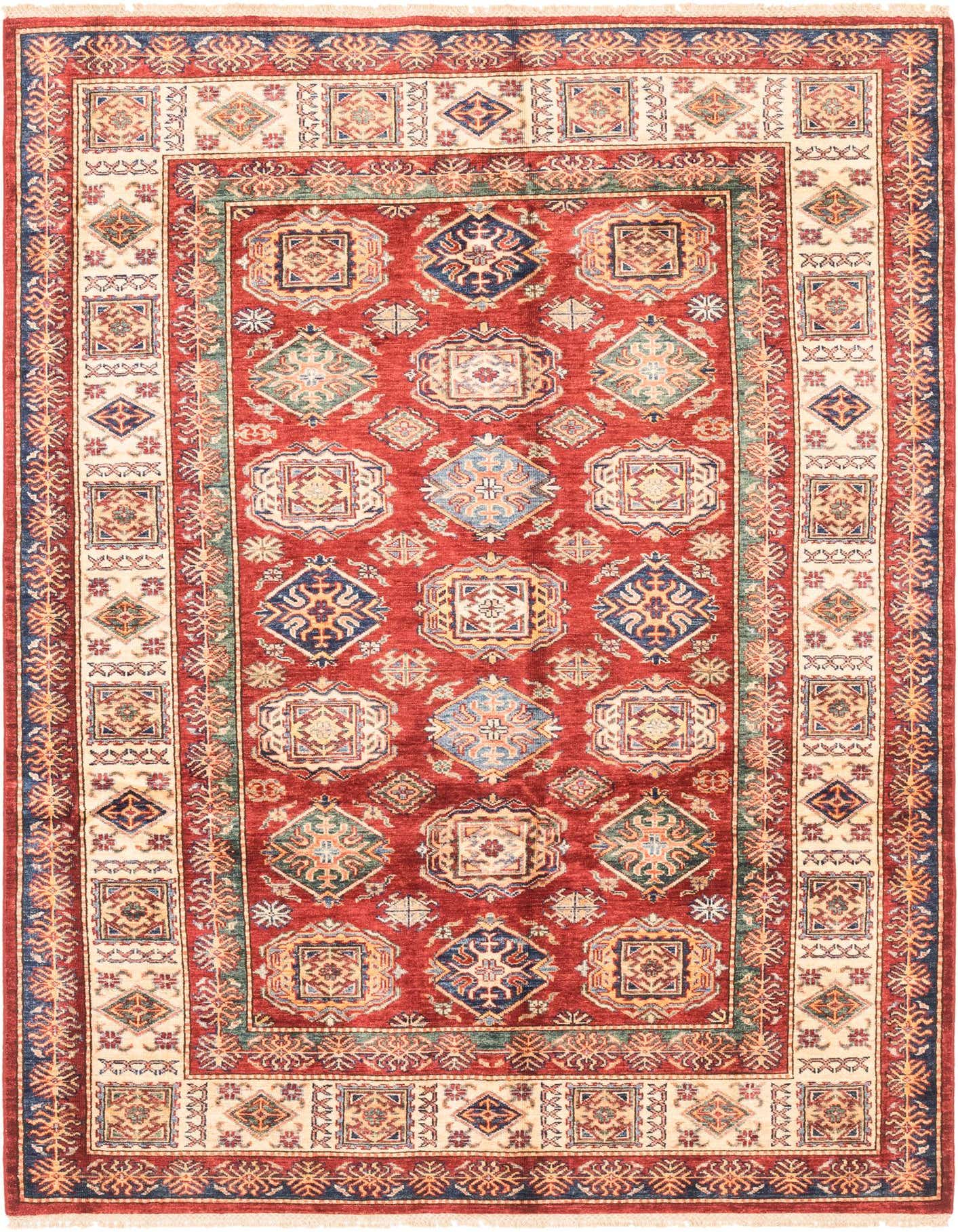 A 6x9 rectangular Rugs.com Kazak rug with a dominant red field and intricate traditional Southwestern patterns in blue, green, and cream.