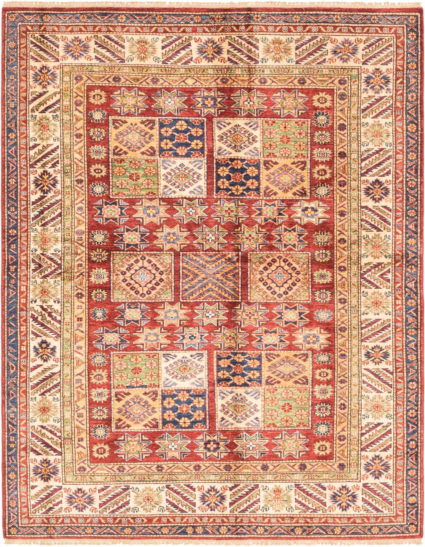 A 6x9 rectangular red Kazak rug featuring traditional Southwestern and tribal patterns with intricate geometric and floral motifs in blue, green, and gold.