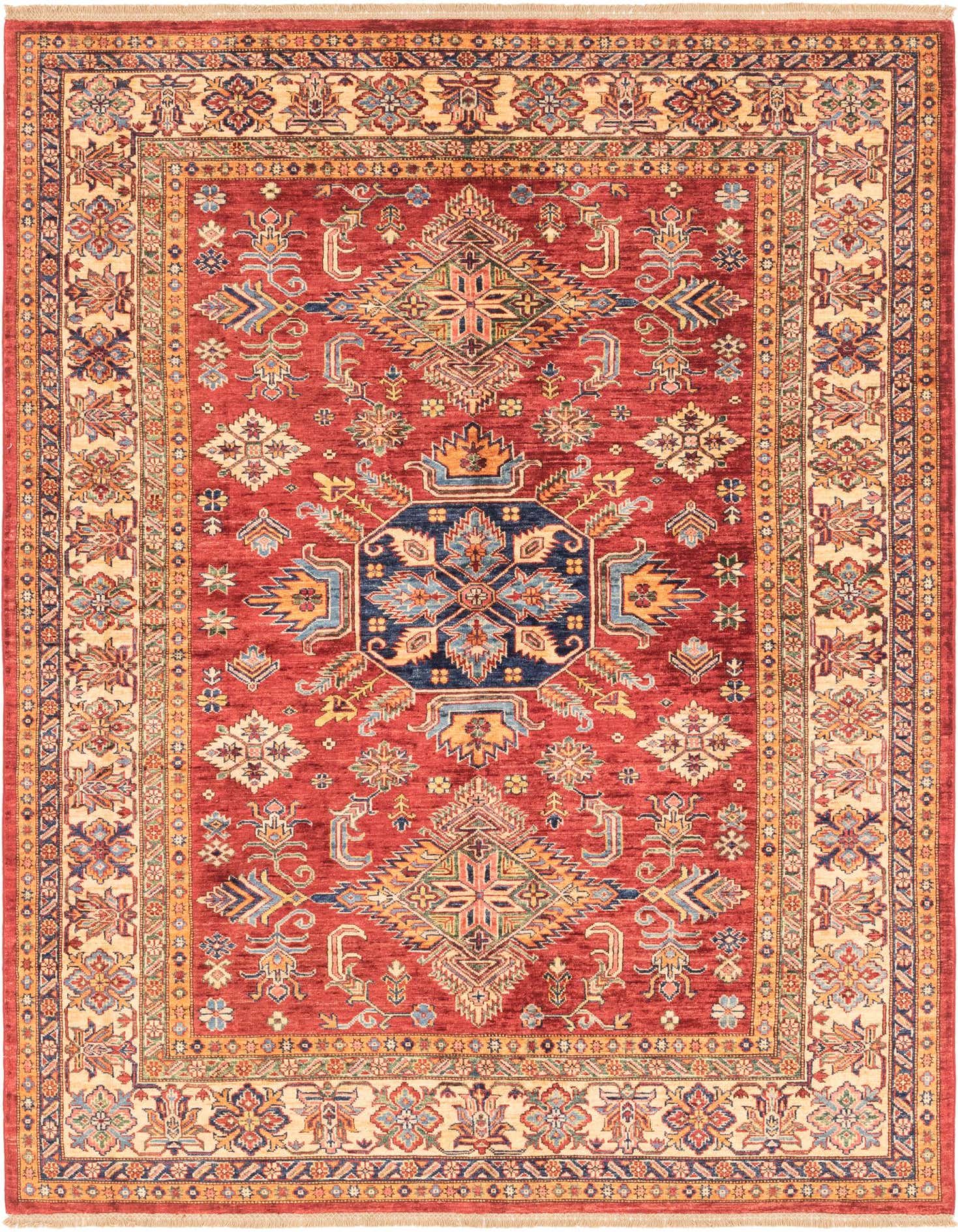 A 6x9 rectangular red area rug with a traditional Southwestern medallion pattern and a cream border.