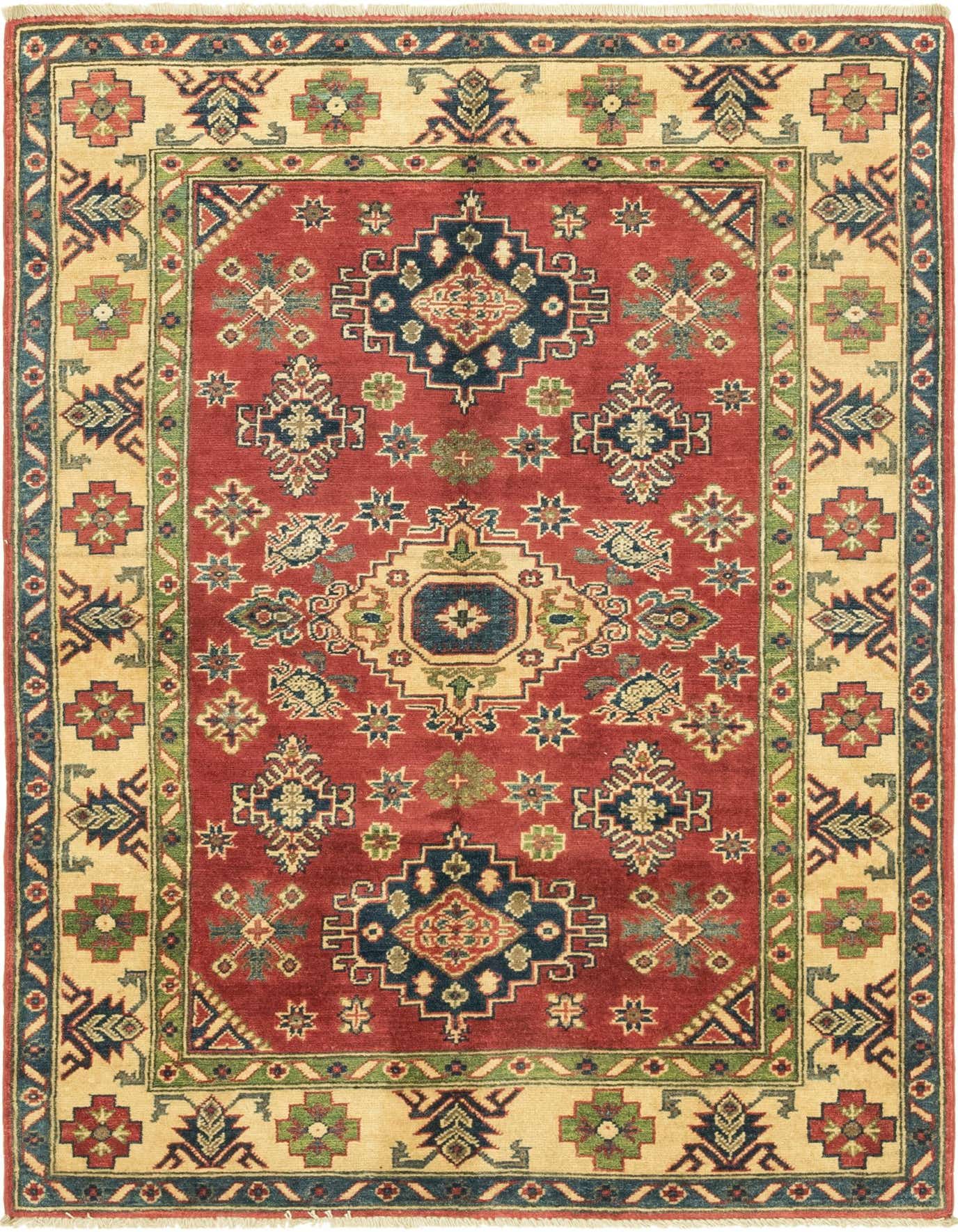 A 4x6 rectangular Rugs.com Kazak rug featuring a red field with tribal and Southwestern patterns in navy, green, and beige, surrounded by a wide beige border with geometric motifs.