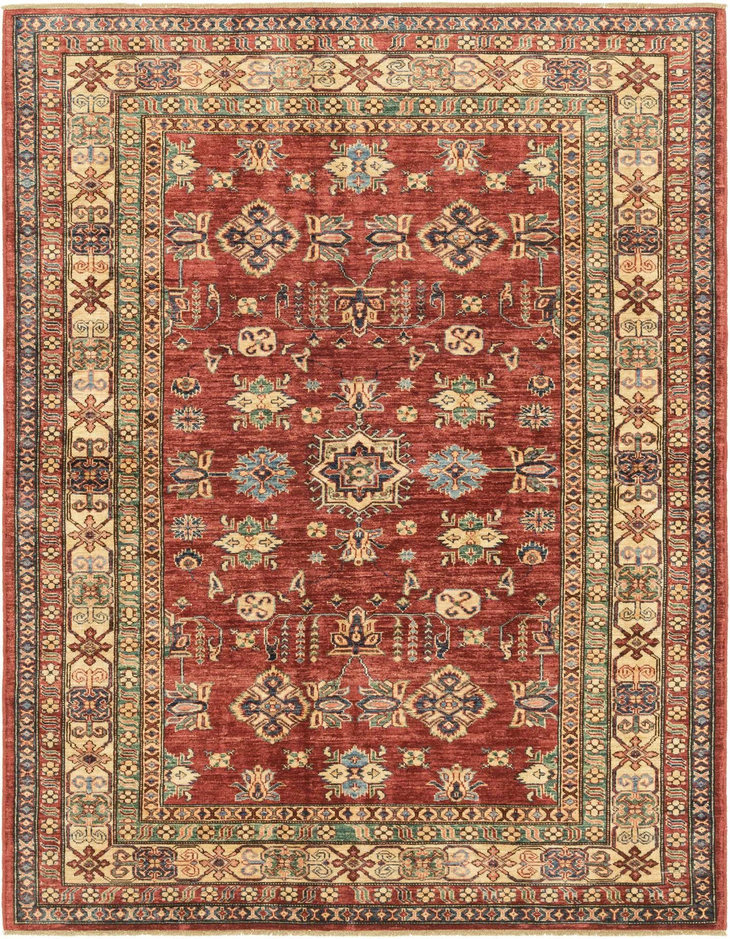 A 6x9 rectangular Rugs.com Kazak rug with a deep red field and intricate tribal and oriental patterns in blues, greens, and creams, featuring a detailed border.