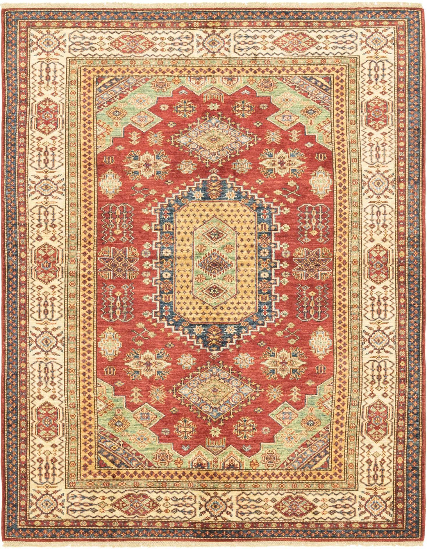 A 6x9 rectangular red tribal rug with a central medallion and intricate patterns in blue, gold, and green.