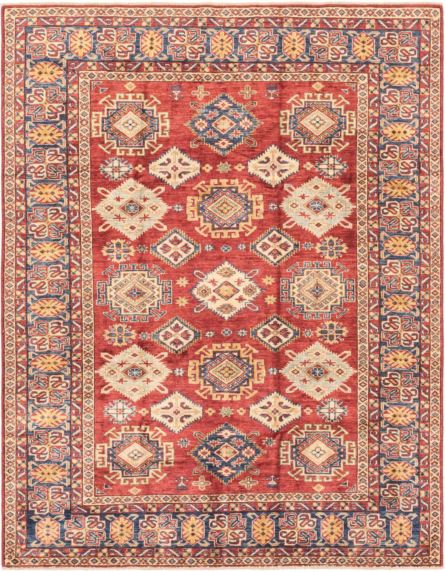 A 6x9 rectangular red Kazak rug with traditional Southwestern and tribal patterns in navy blue, cream, and gold.