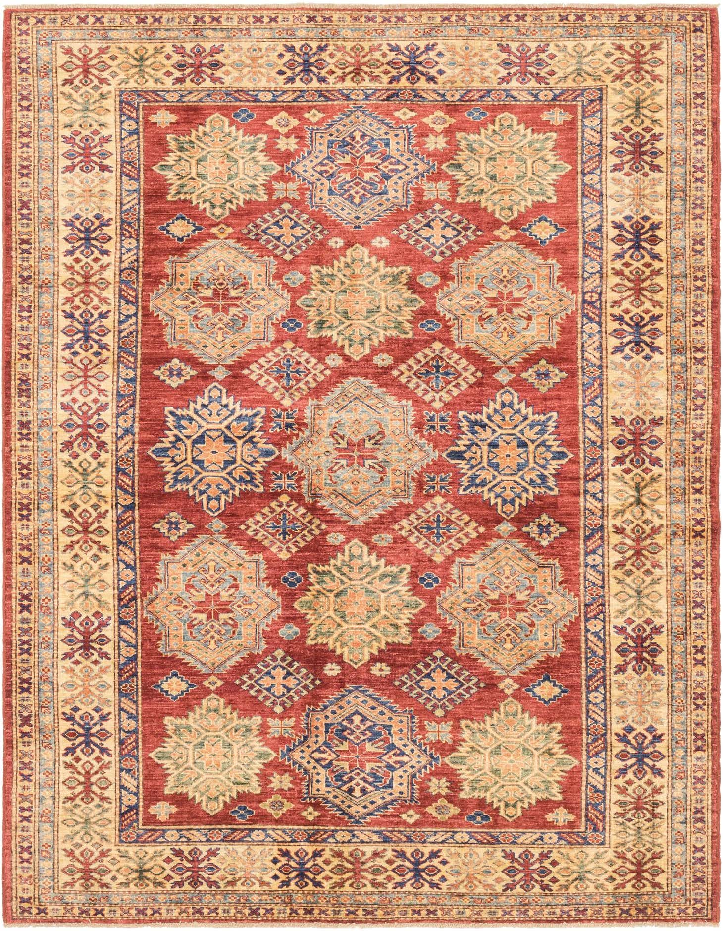 A 6x9 rectangular red Kazak rug featuring traditional Southwestern and tribal patterns in blue, green, and gold.