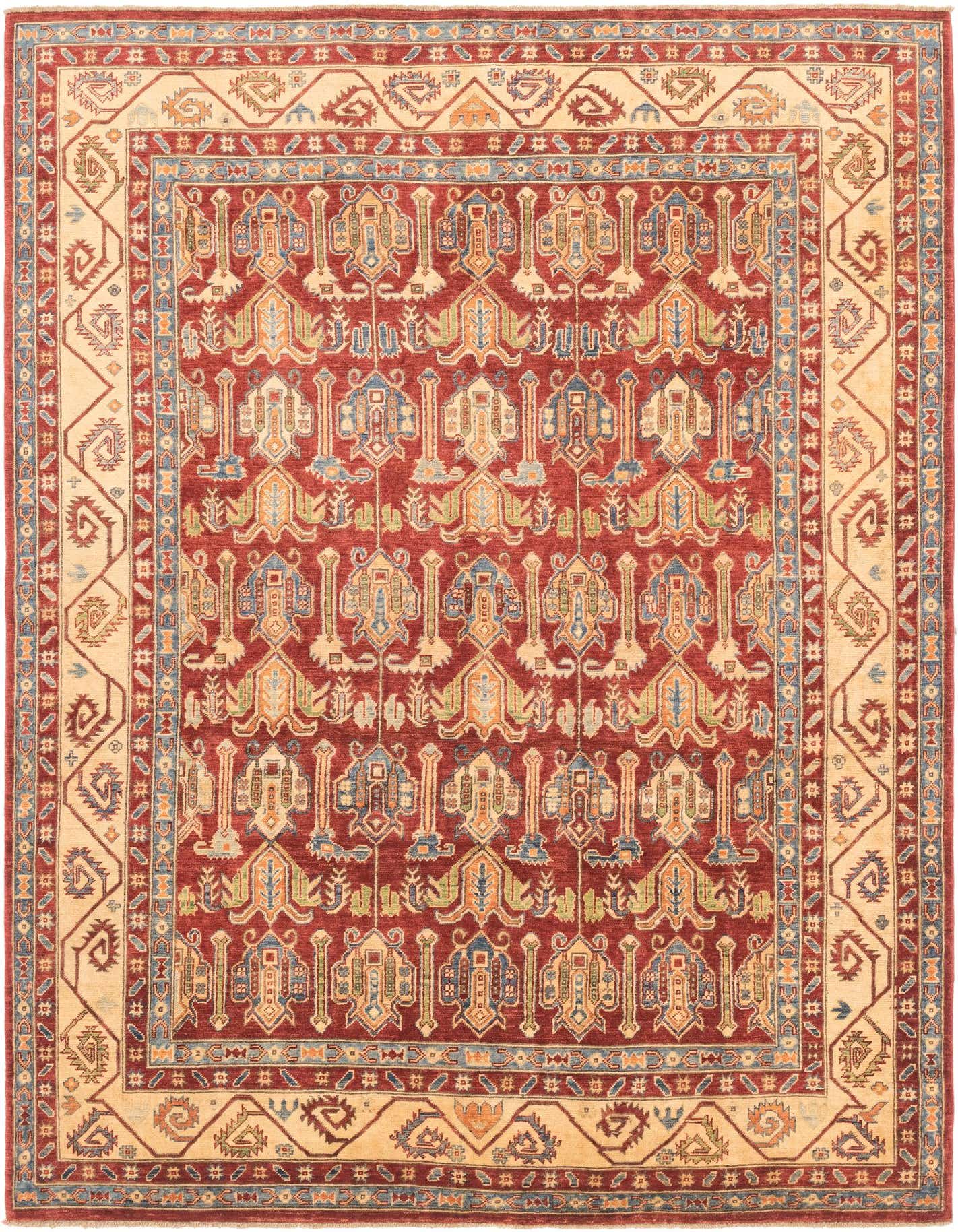 A 7x10 rectangular Kazak rug with a rich red field and intricate traditional Southwestern patterns in blue, gold, and green, framed by a cream border.