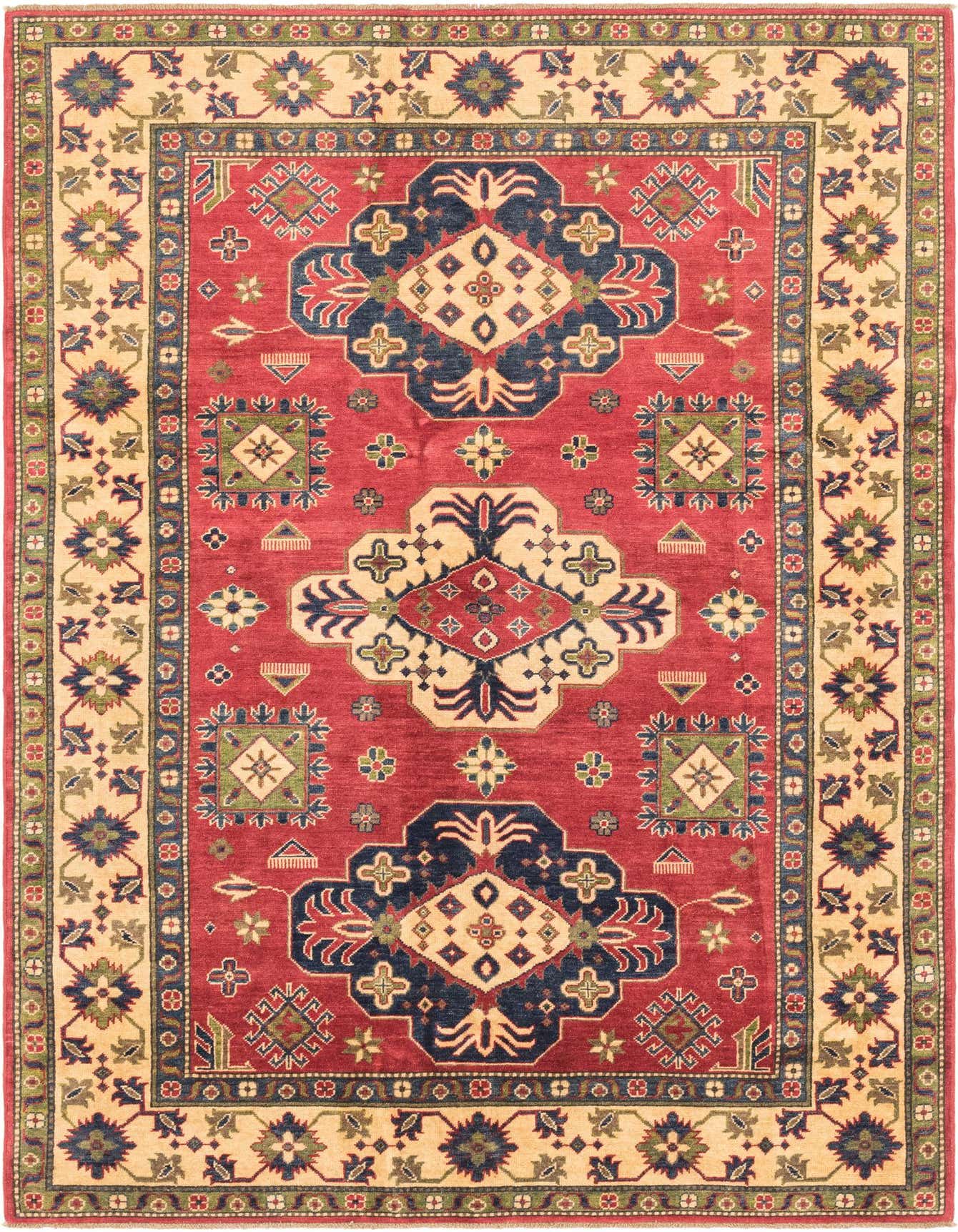 A 6x9 rectangular red area rug with a Southwestern tribal medallion pattern and a cream border, made of hand-spun wool.