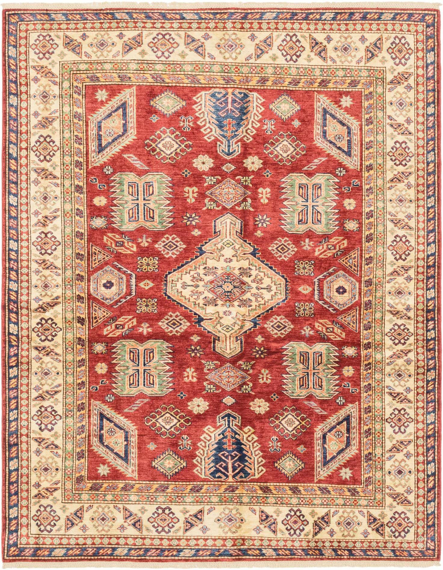 A 6x9 rectangular red rug with a traditional Southwestern tribal pattern, featuring a central medallion and intricate geometric designs in blues, greens, and creams, with a cream border.