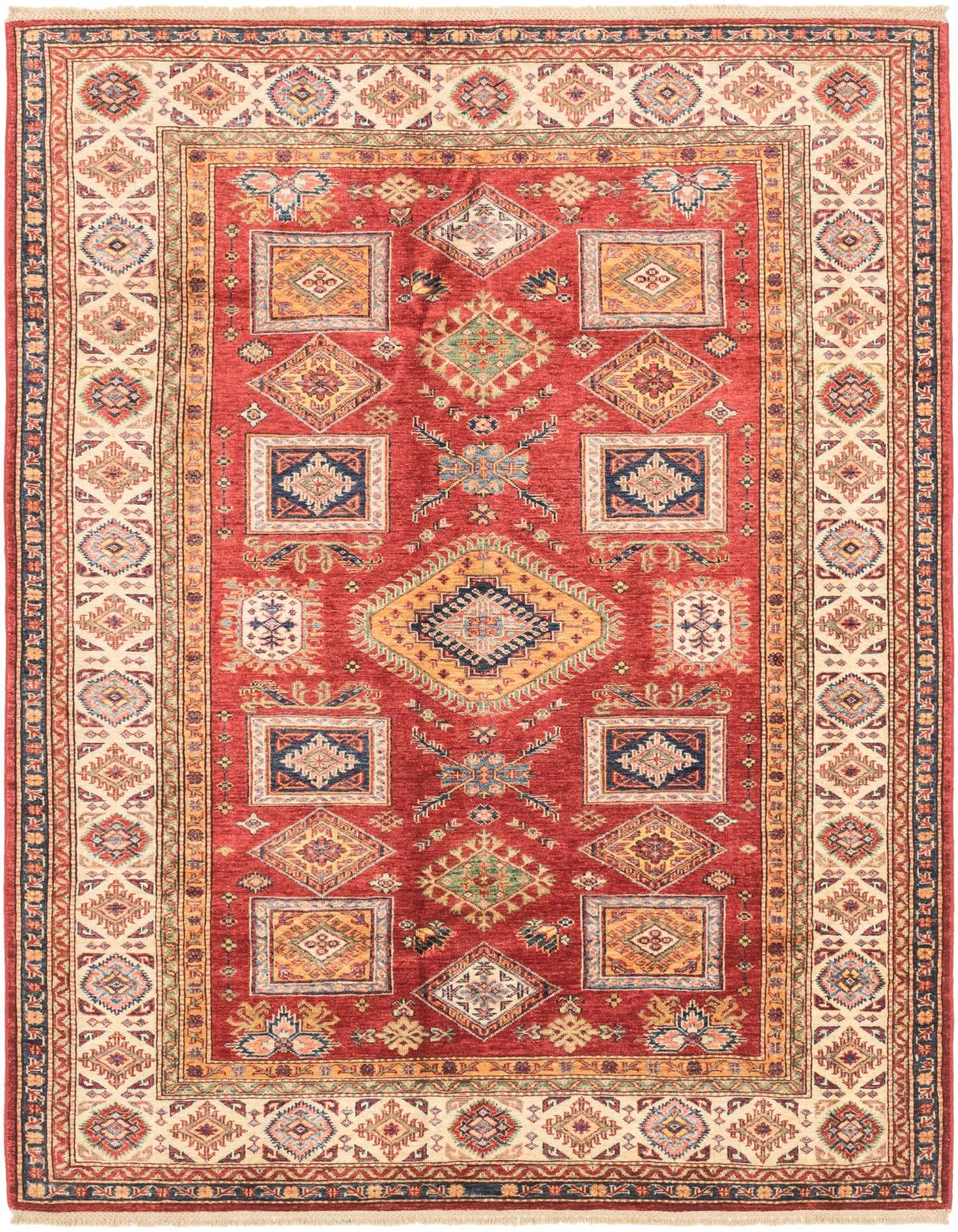 A 6x9 rectangular Rugs.com Kazak rug featuring a rich red field with traditional Southwestern and tribal geometric patterns in gold, blue, and cream, ideal for a living room.