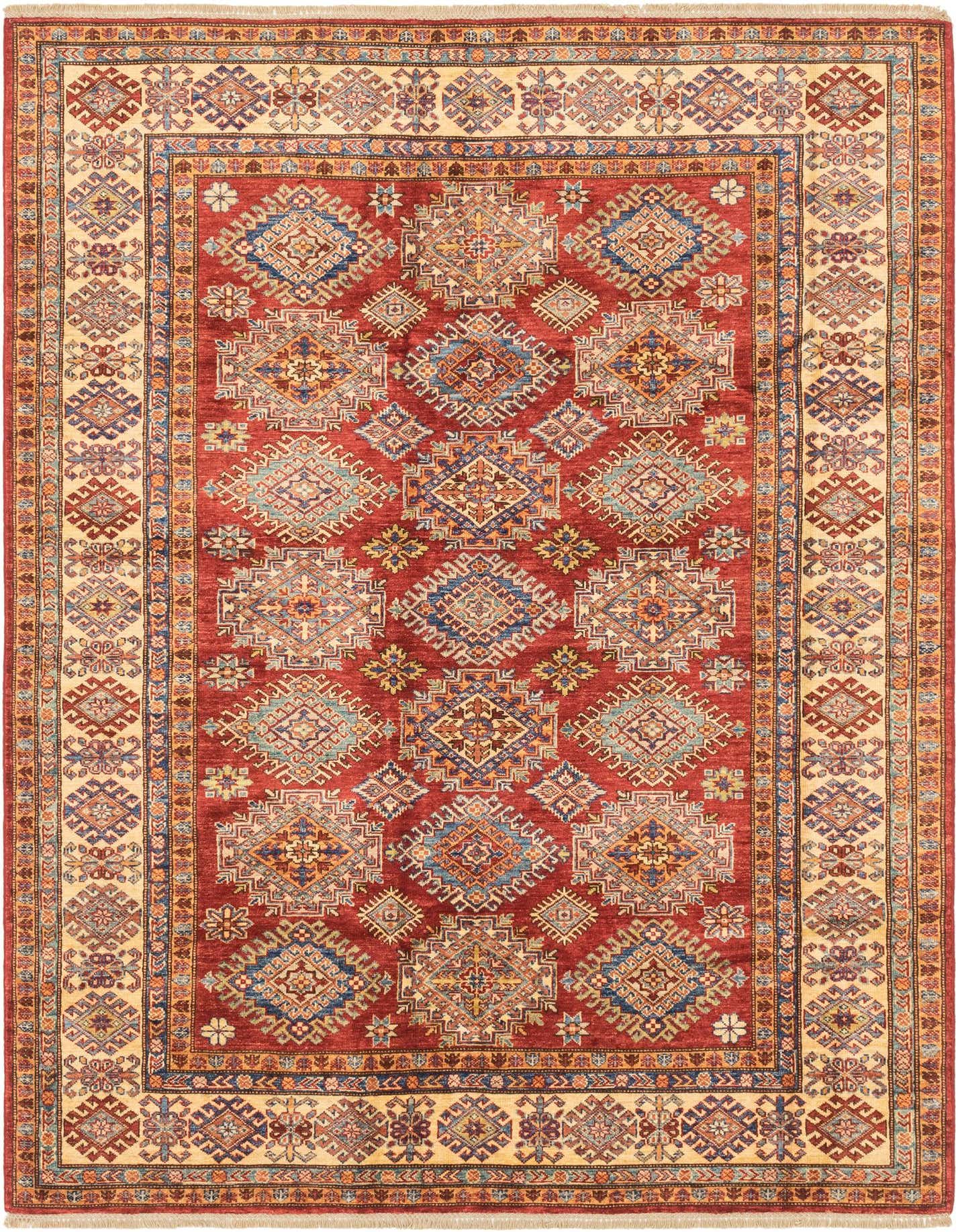 A 6x9 rectangular red Kazak rug with traditional Southwestern and tribal patterns in blues, creams, and oranges, featuring a cream border.