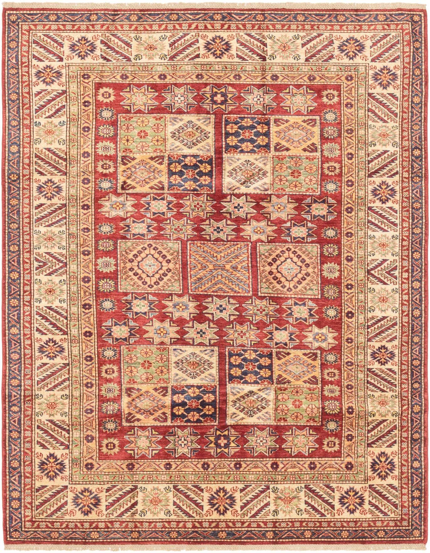 A 6x9 rectangular red tribal rug with a traditional Oriental pattern, featuring a central field of geometric motifs and a detailed border.