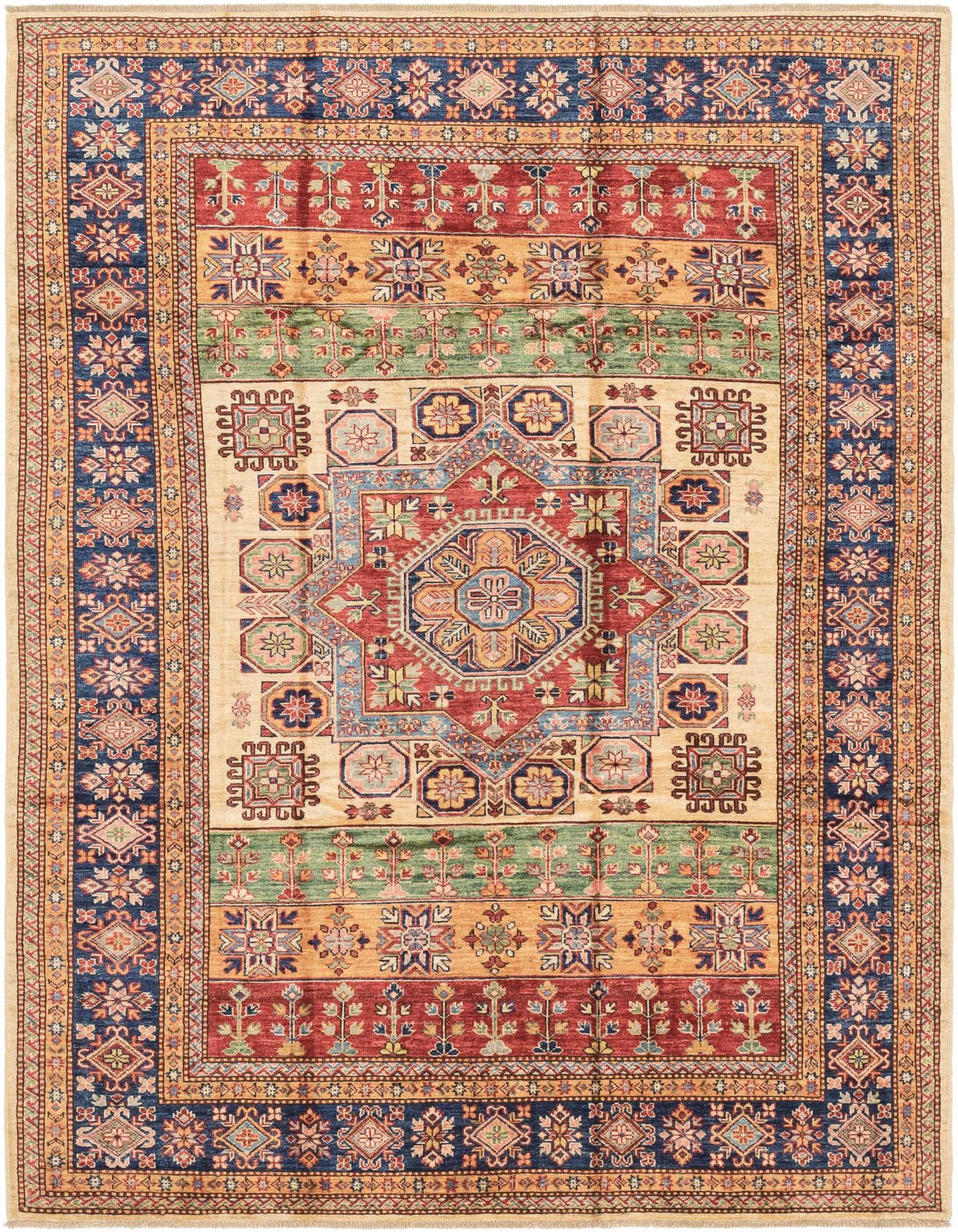 A 6x9 rectangular Kazak rug with a central medallion, featuring reds, blues, greens, and gold in a traditional tribal pattern.