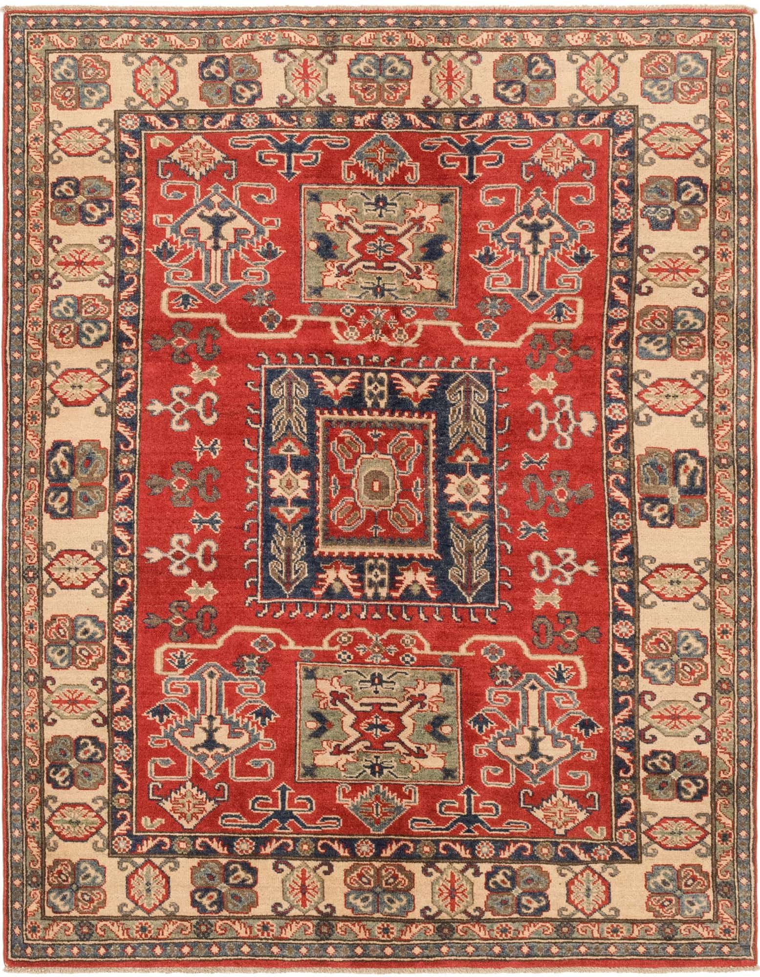 A 4x6 rectangular red wool rug with a traditional Southwestern tribal pattern, featuring a central medallion and intricate borders in navy, beige, and green.