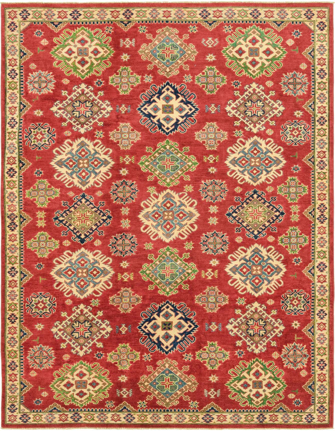 A 6x9 rectangular red area rug with a traditional tribal pattern featuring geometric motifs in blue, green, and cream.