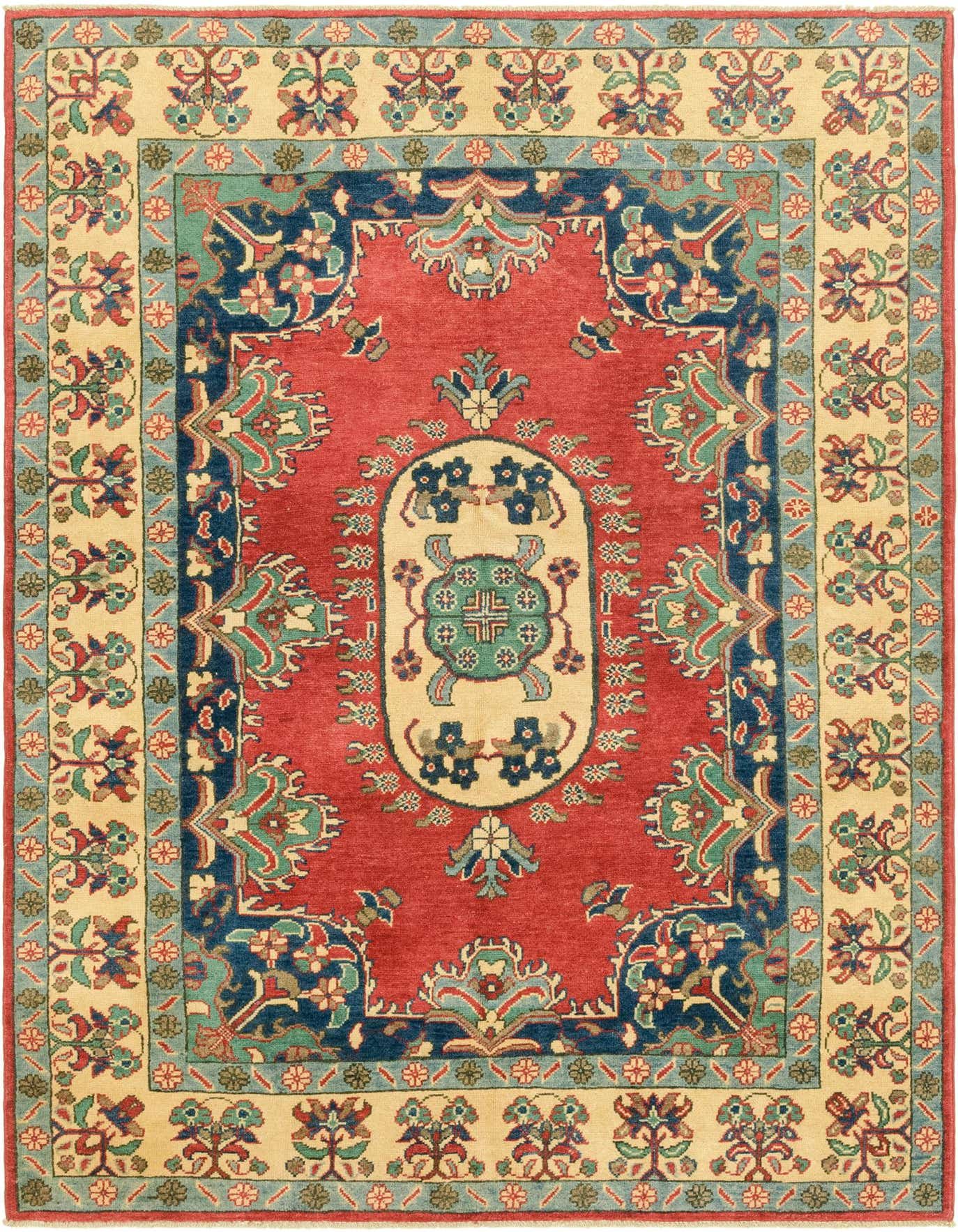 A 5x7 rectangular traditional Kazak rug featuring a bold red field, a central cream medallion, and intricate botanical and tribal patterns in navy blue, teal, and beige.
