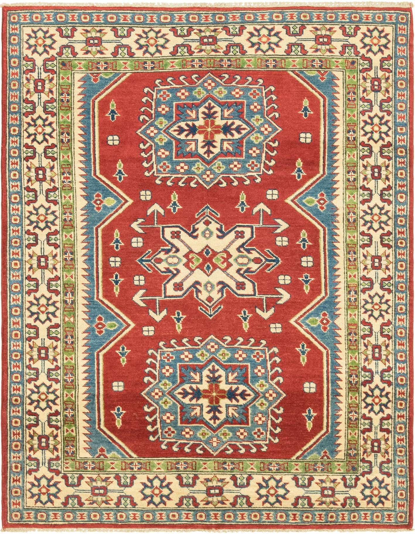 A 4x6 rectangular red traditional Kazak rug with intricate tribal and medallion patterns in blue, green, and cream.