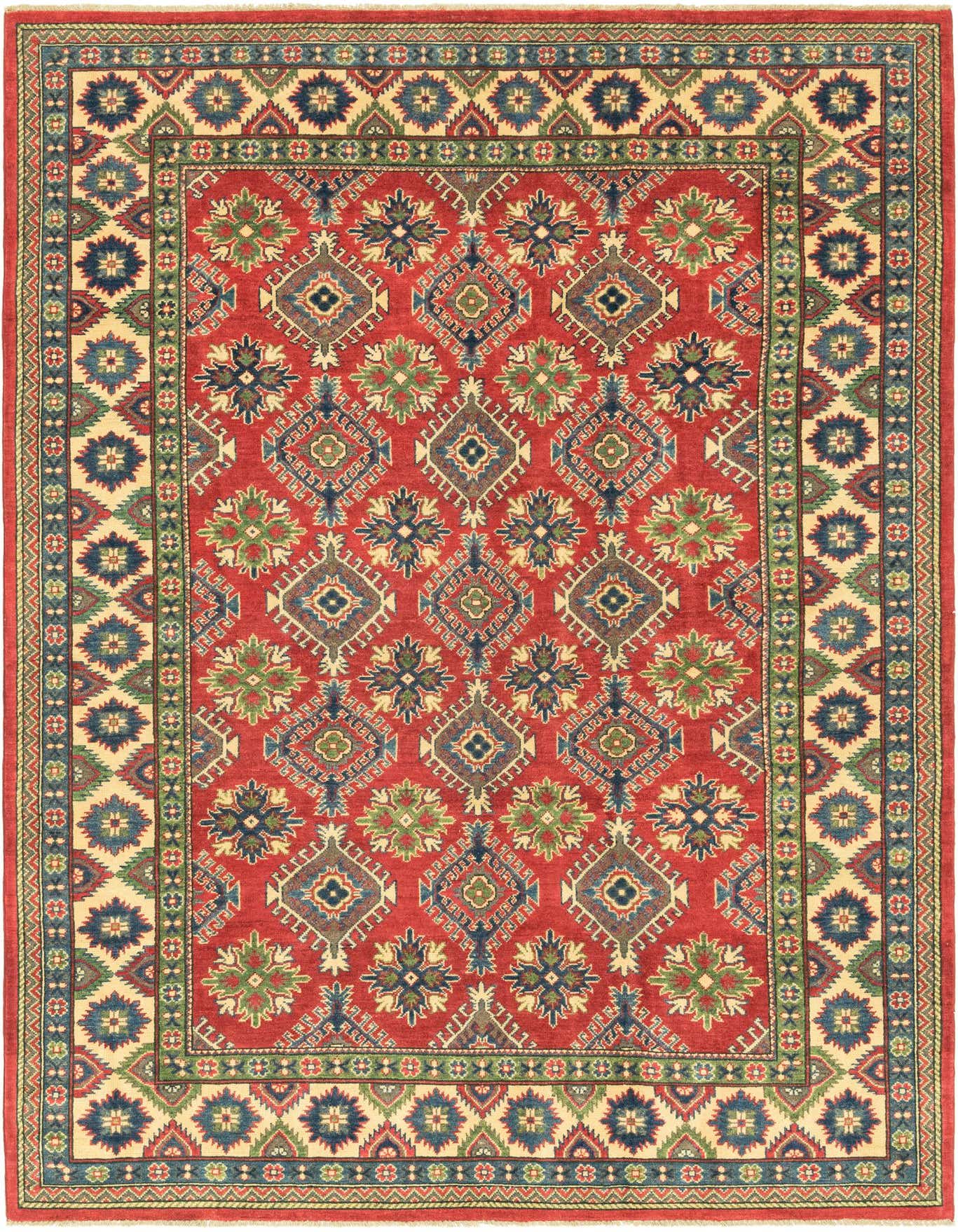 A 6x9 rectangular red tribal rug with intricate geometric patterns in blue, green, and cream, ideal for a living room.