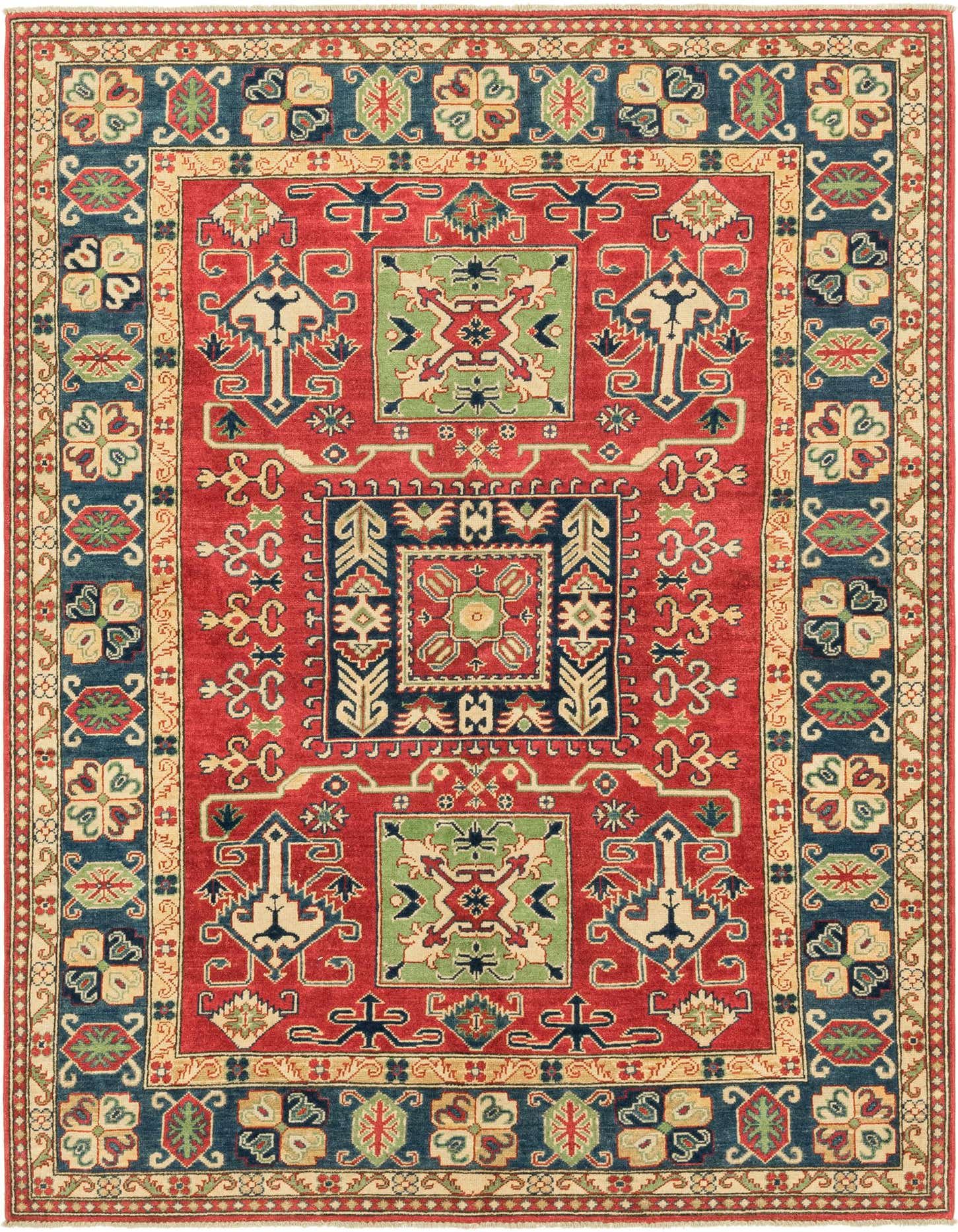 A 6x9 rectangular red tribal rug with a detailed Southwestern pattern in navy blue, green, and cream, suitable for a living room.