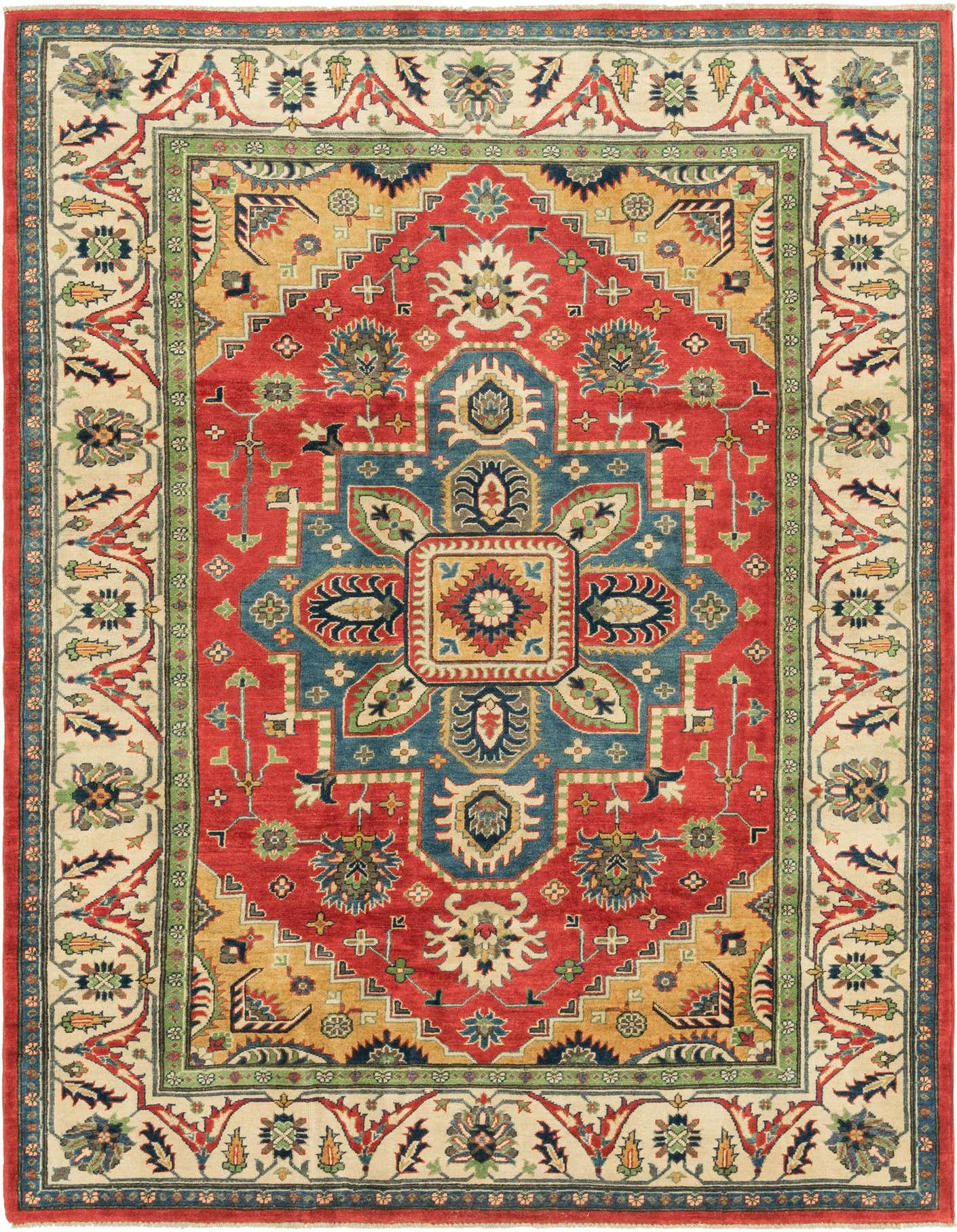 A 7x10 rectangular Kazak rug with a vibrant red field, intricate blue and gold tribal patterns, and a detailed cream border.