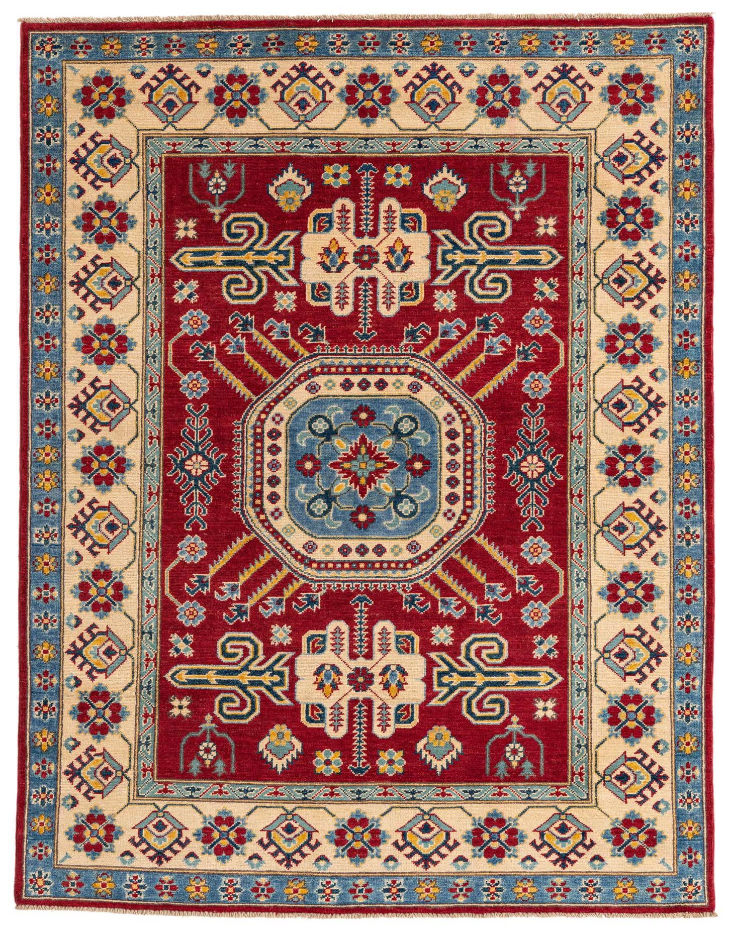 A 5x7 rectangular Rugs.com Kazak rug with a vibrant red field, blue border, and intricate Southwestern medallion pattern.