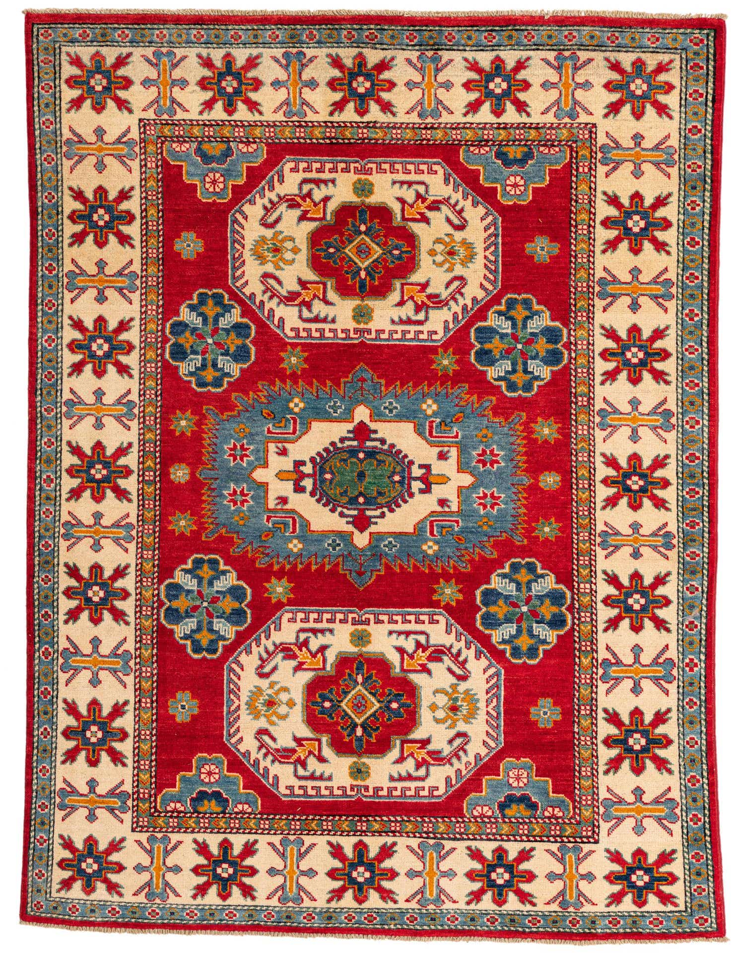 A 5x7 rectangular Kazak rug with a vibrant red field, cream border, and intricate blue, gold, and green traditional medallion patterns.
