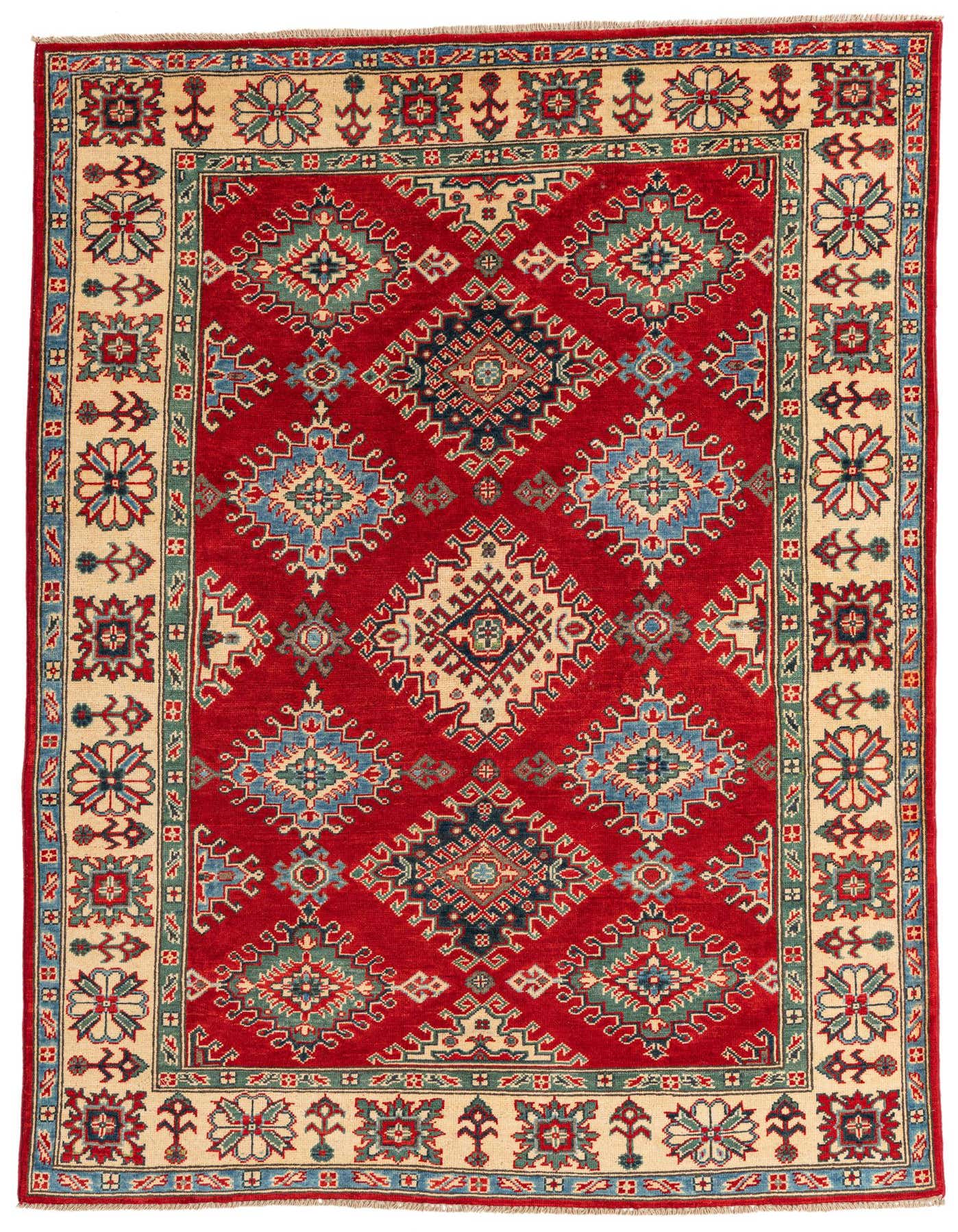A 5x7 rectangular red wool rug with a traditional Southwestern pattern and an ornate cream border.