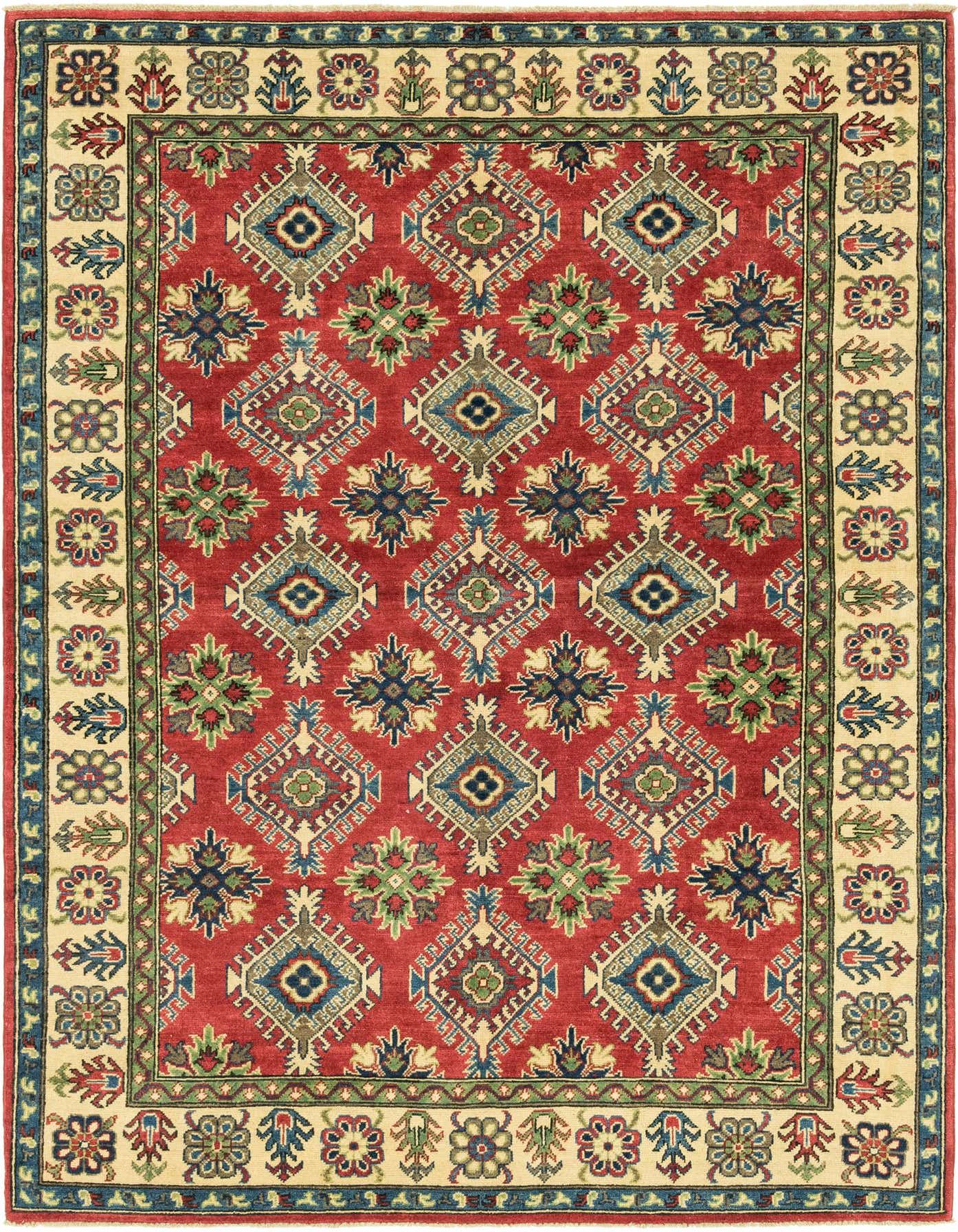 A 6x9 rectangular red tribal rug with a diamond pattern and floral border, made from hand-spun wool.