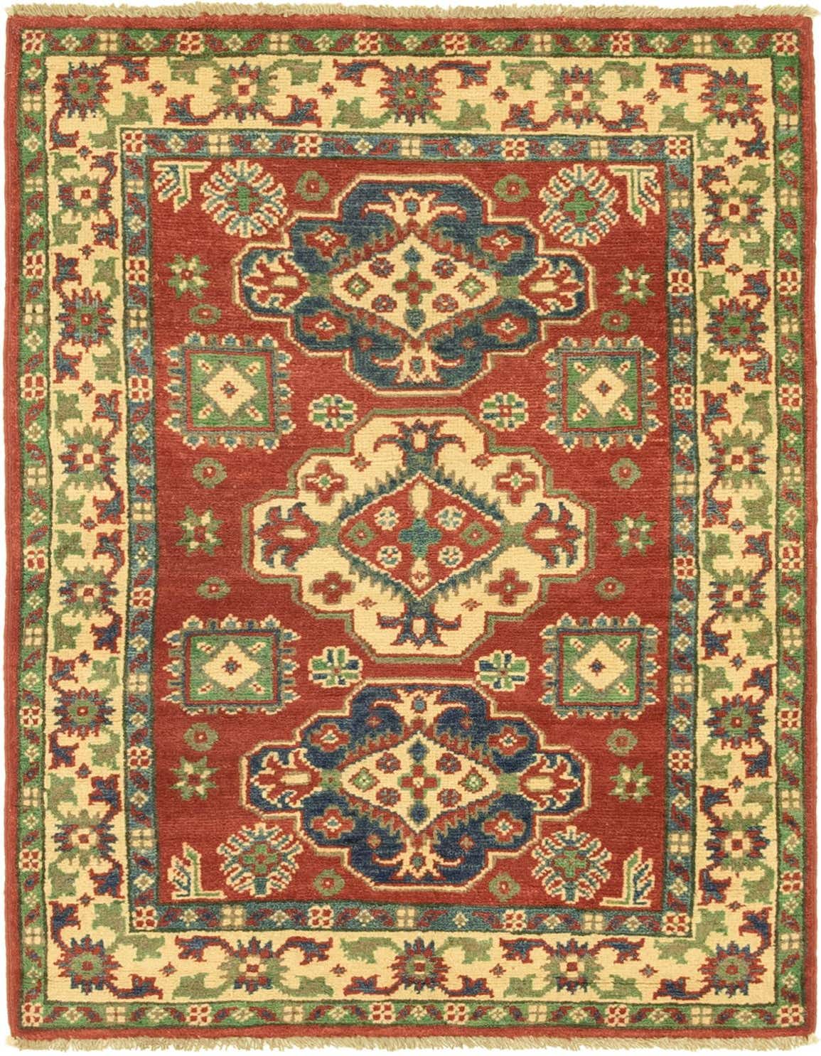 A 3x4 rectangular red tribal rug with a thin pile, featuring intricate oriental patterns in cream, blue, and green, perfect for an indoor setting.