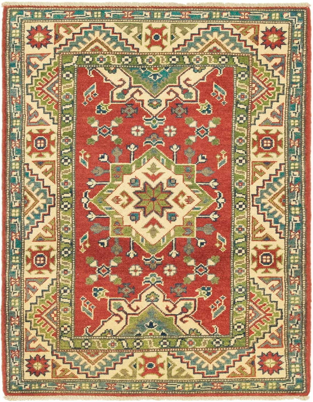 A 3x4 rectangular tribal rug with a red field, green and blue accents, and a cream border.