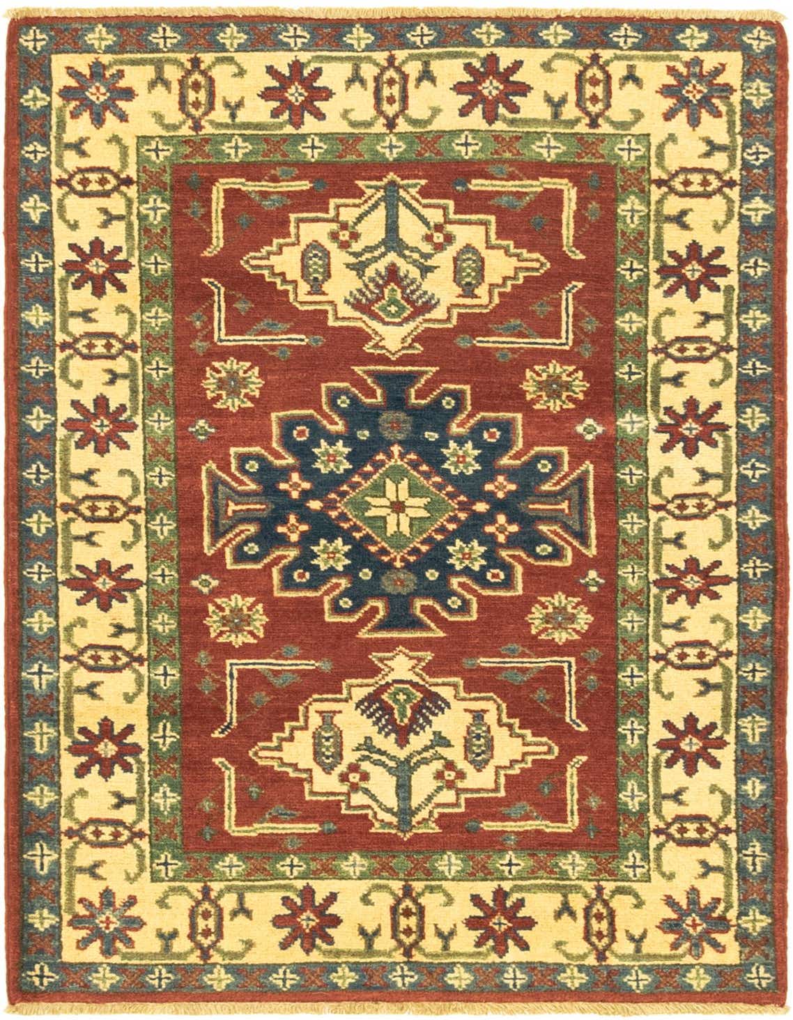 A 3x4 rectangular Rugs.com Kazak rug with a red field and cream border, featuring intricate tribal and oriental patterns in blue, green, and gold.