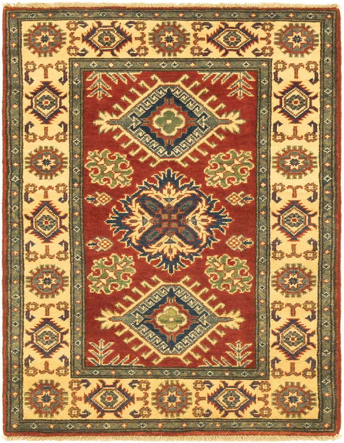 A 3x4 rectangular tribal Oriental rug featuring a deep red field with intricate navy, green, and gold patterns, framed by a cream border with geometric motifs.