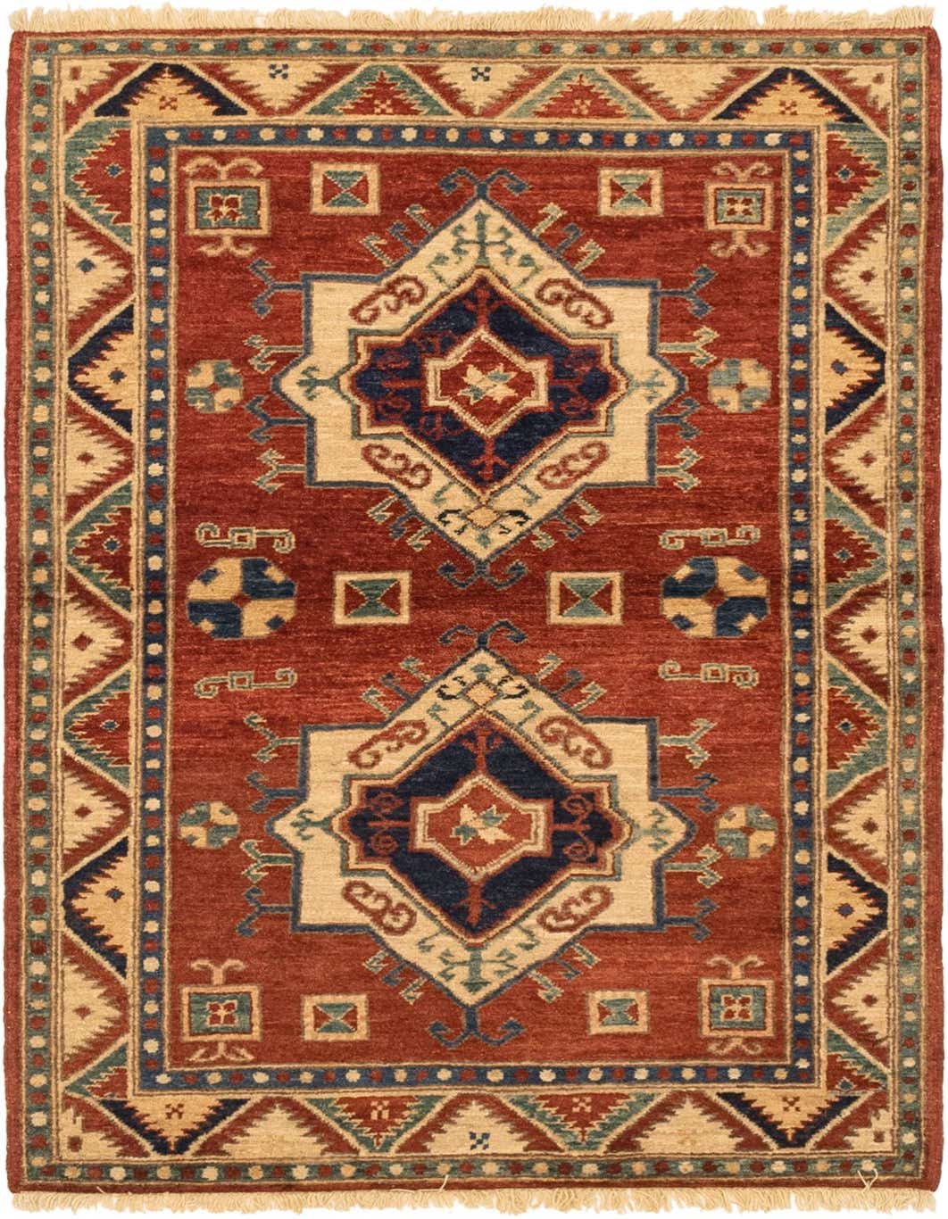 A 3x5 rectangular red area rug with traditional Southwestern and tribal patterns, featuring a central medallion design in navy, beige, and teal.