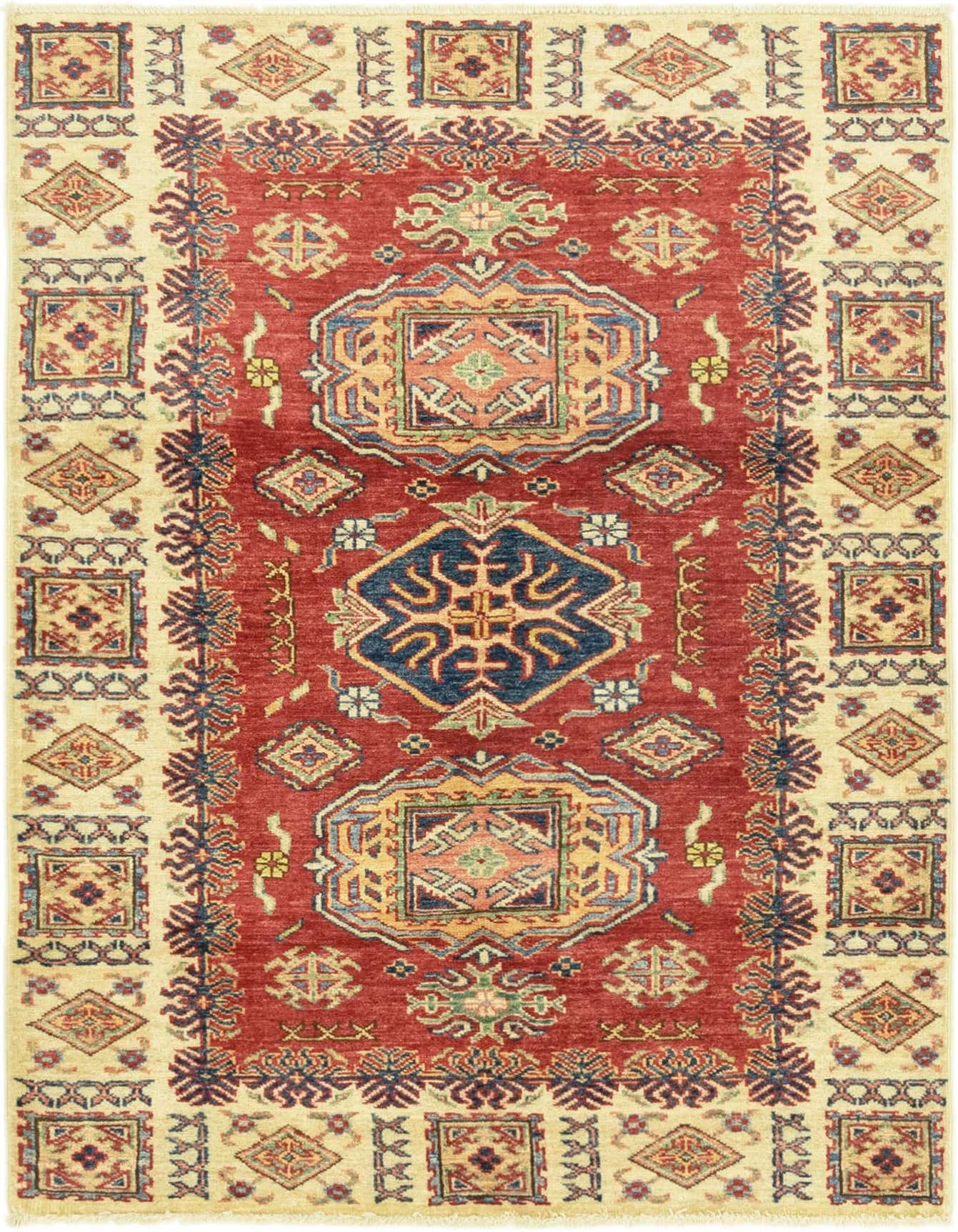 A 3x5 rectangular red rug with a traditional tribal medallion pattern and a cream border, ideal for a kitchen or entryway.