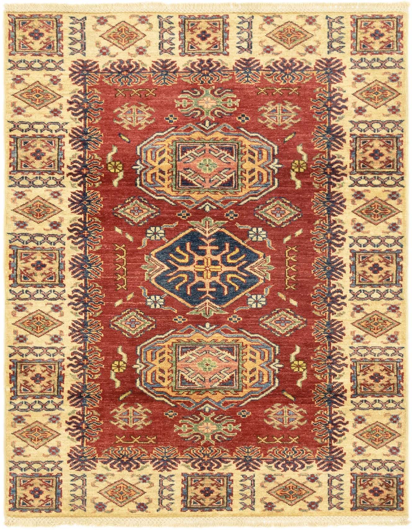 A 3x5 rectangular red and beige traditional Kazak rug with intricate tribal medallions and patterns.