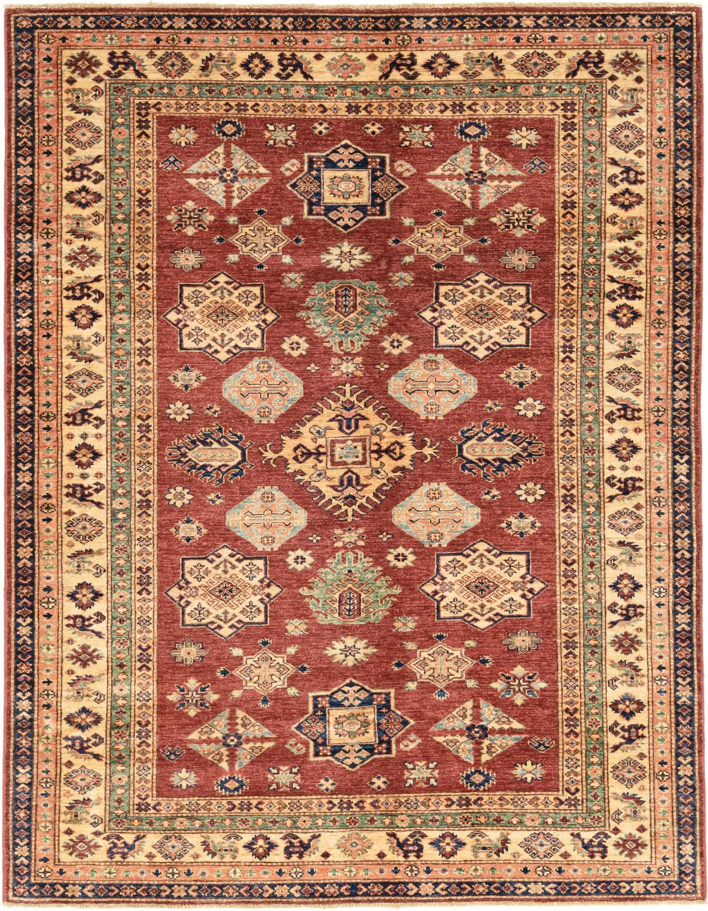A 6x9 rectangular red traditional Kazak rug with intricate tribal patterns in blues, creams, and greens.