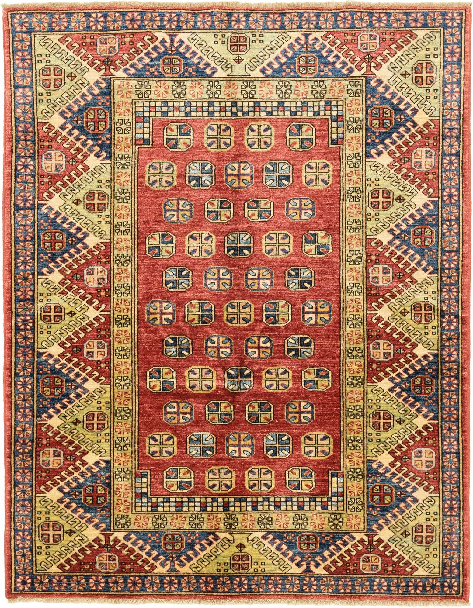 A 4x6 rectangular red traditional Kazak rug with intricate tribal patterns in blue, green, and beige.