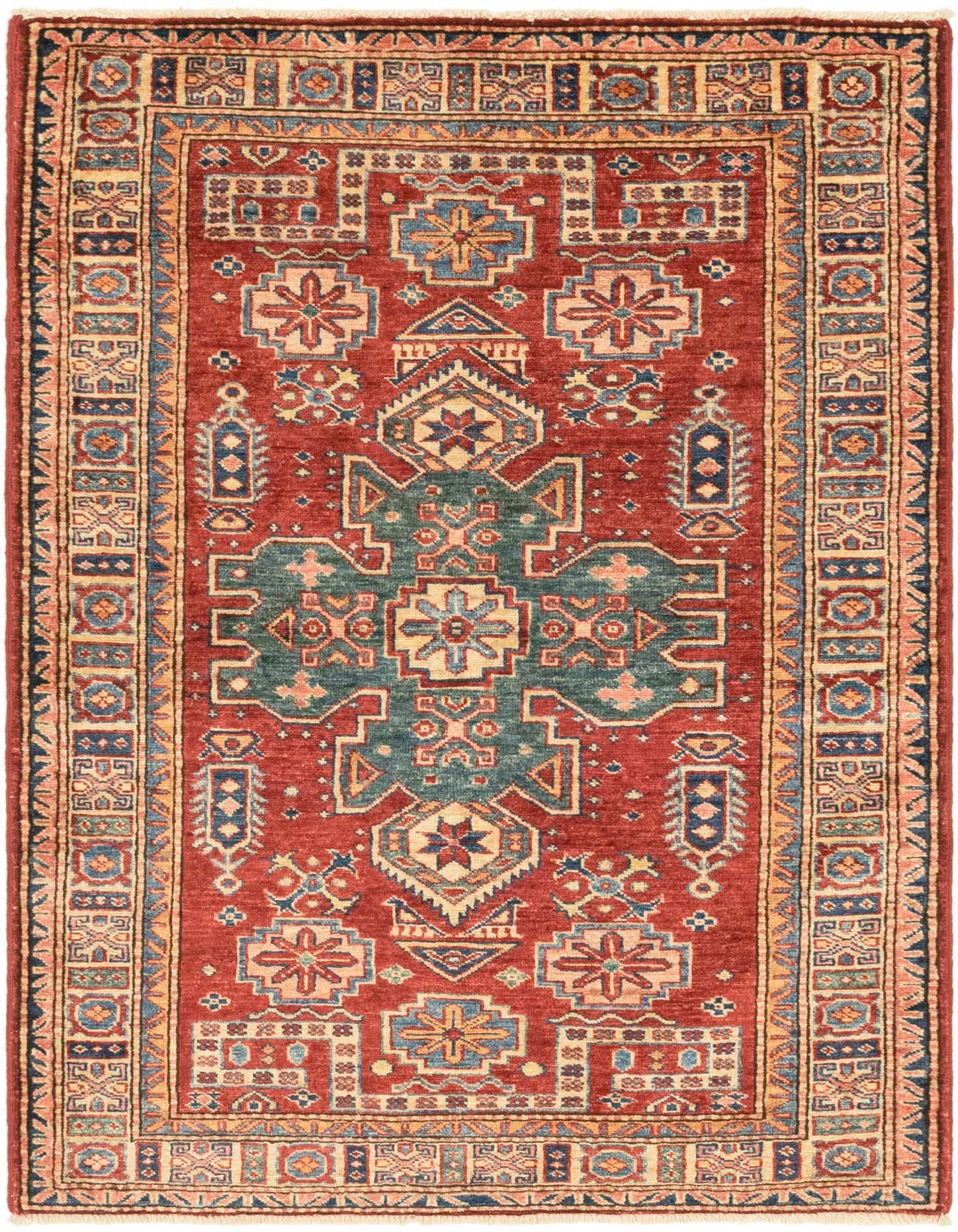 A 3x5 rectangular red Kazak rug with a central teal medallion and traditional tribal patterns, ideal for an entryway.