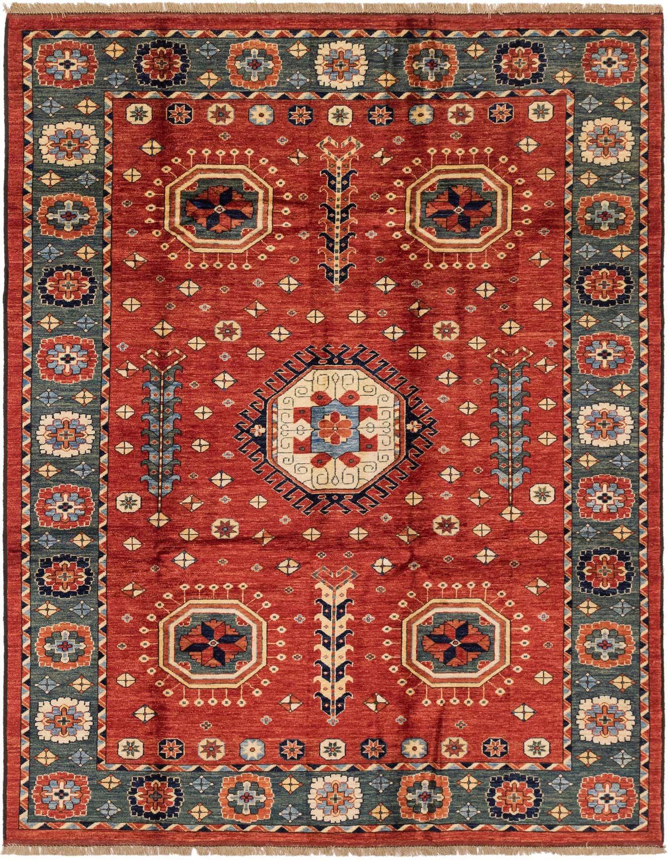 A 7x10 rectangular Rugs.com Kazak rug with a red field and a dark teal border, featuring traditional Southwestern and tribal patterns, including a central medallion.