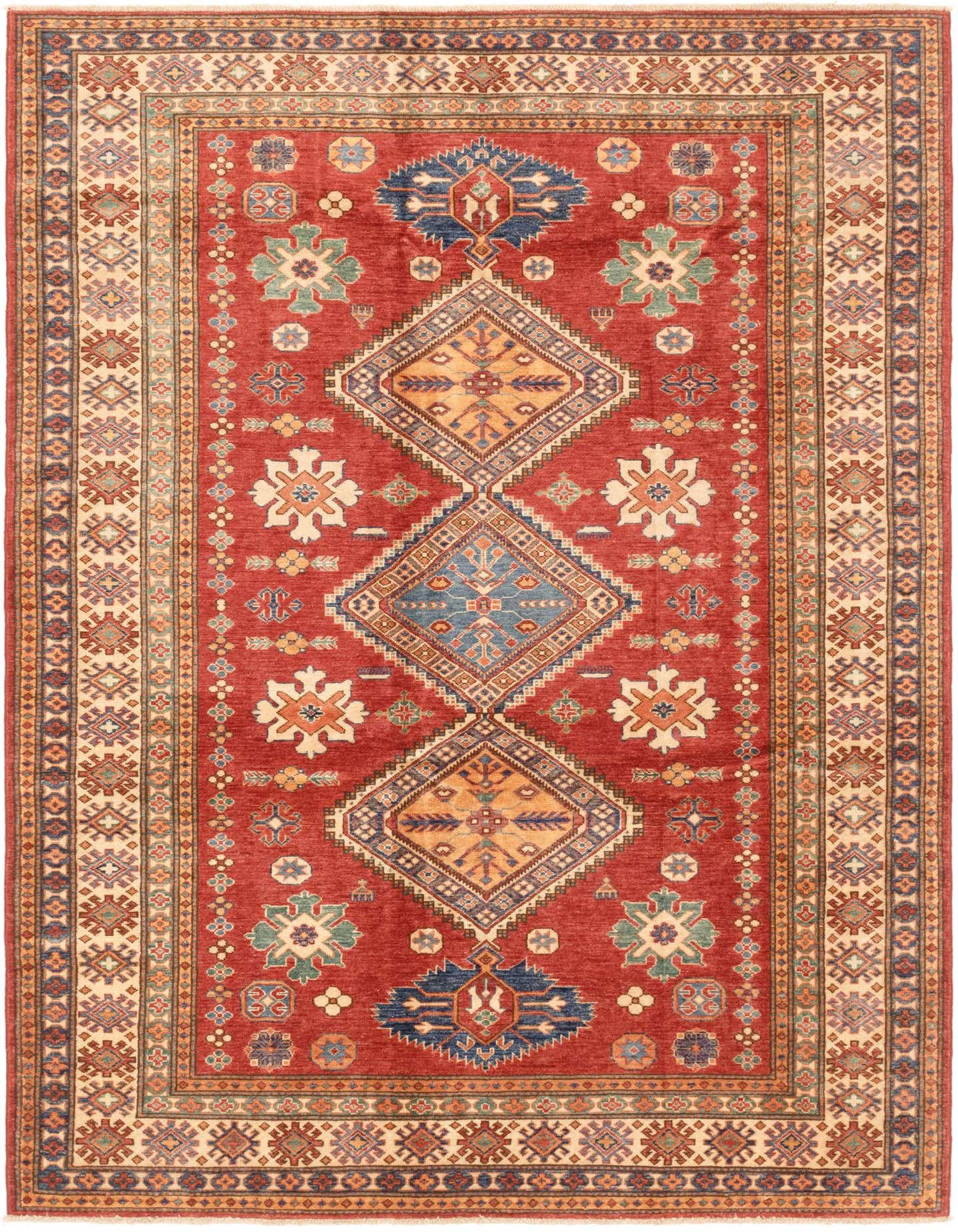 A 6x9 rectangular red area rug with a traditional Southwestern tribal pattern and three large central medallions.