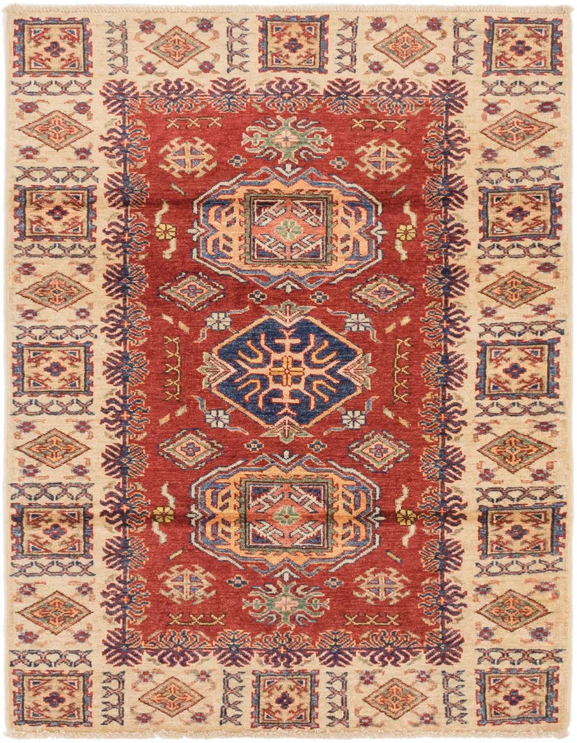 A 3x5 rectangular Kazak rug with a dominant red field and intricate traditional tribal patterns in blue, gold, and green, framed by a beige border.