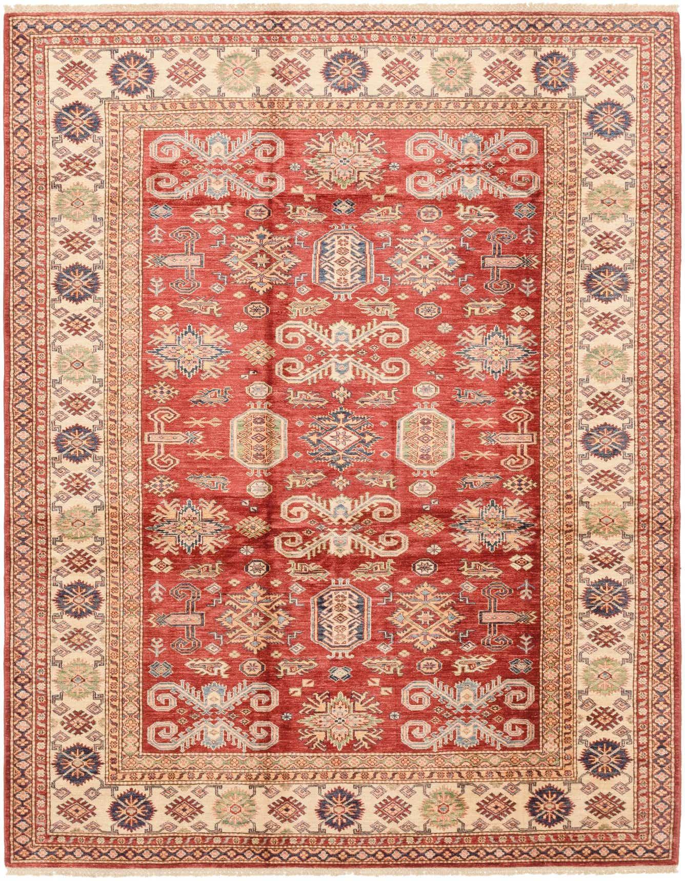 A 7x10 rectangular red traditional rug with intricate tribal patterns in blue, beige, and green, suitable for a living room.