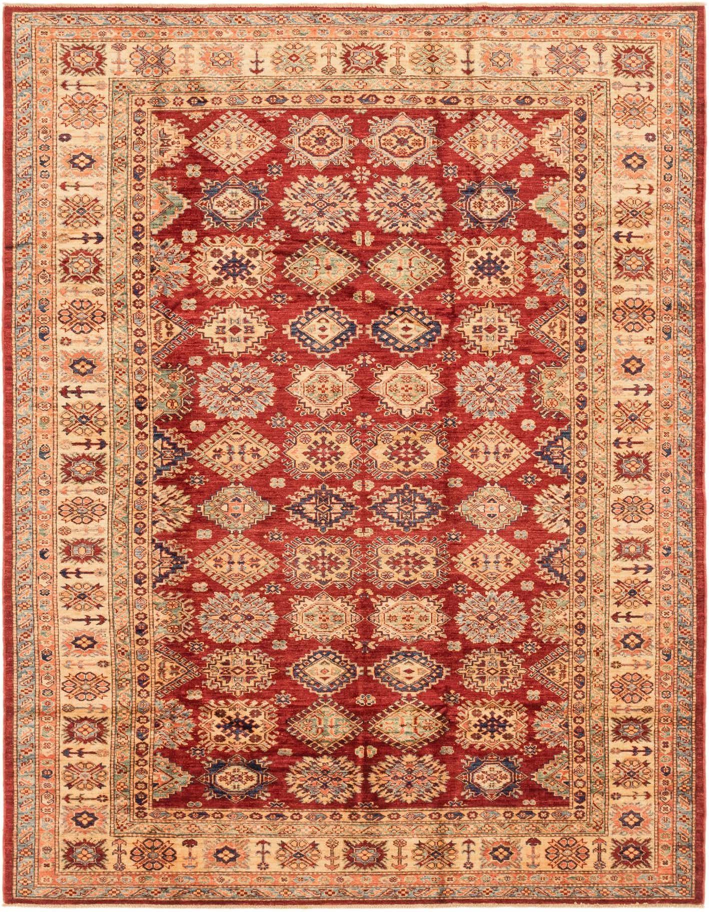 A 6x9 rectangular red rug with a traditional Southwestern tribal pattern and a beige border, perfect for a living room.