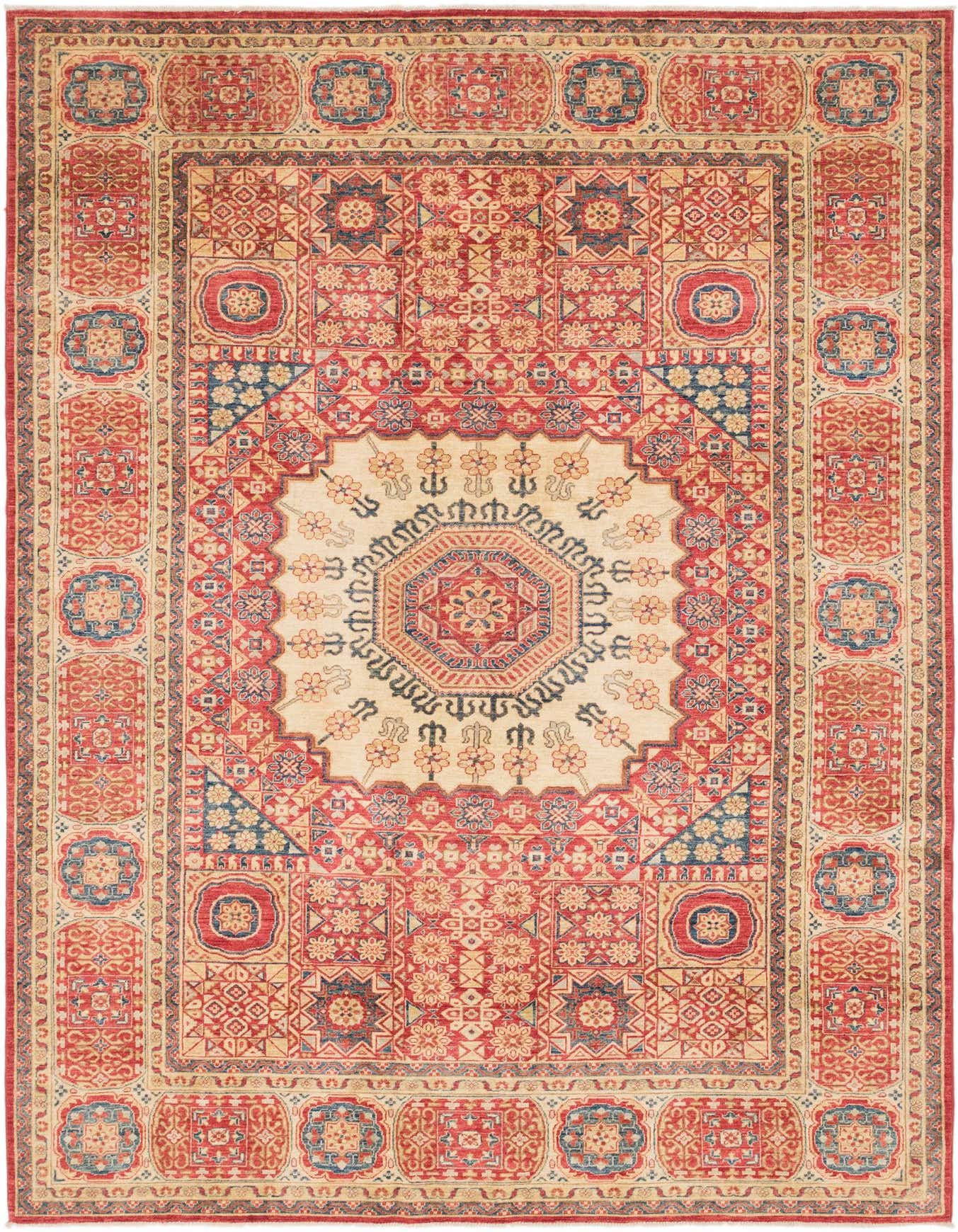 A 6x9 rectangular Rugs.com Kazak rug with a traditional Southwestern pattern in reds, blues, and cream, suitable for a living room.
