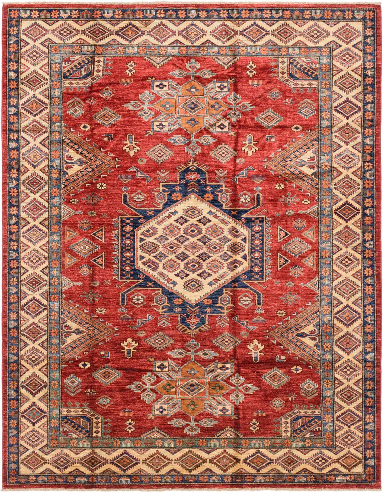 A 7x10 rectangular red area rug with a traditional Southwestern medallion pattern in blue, cream, and orange, ideal for a living room.