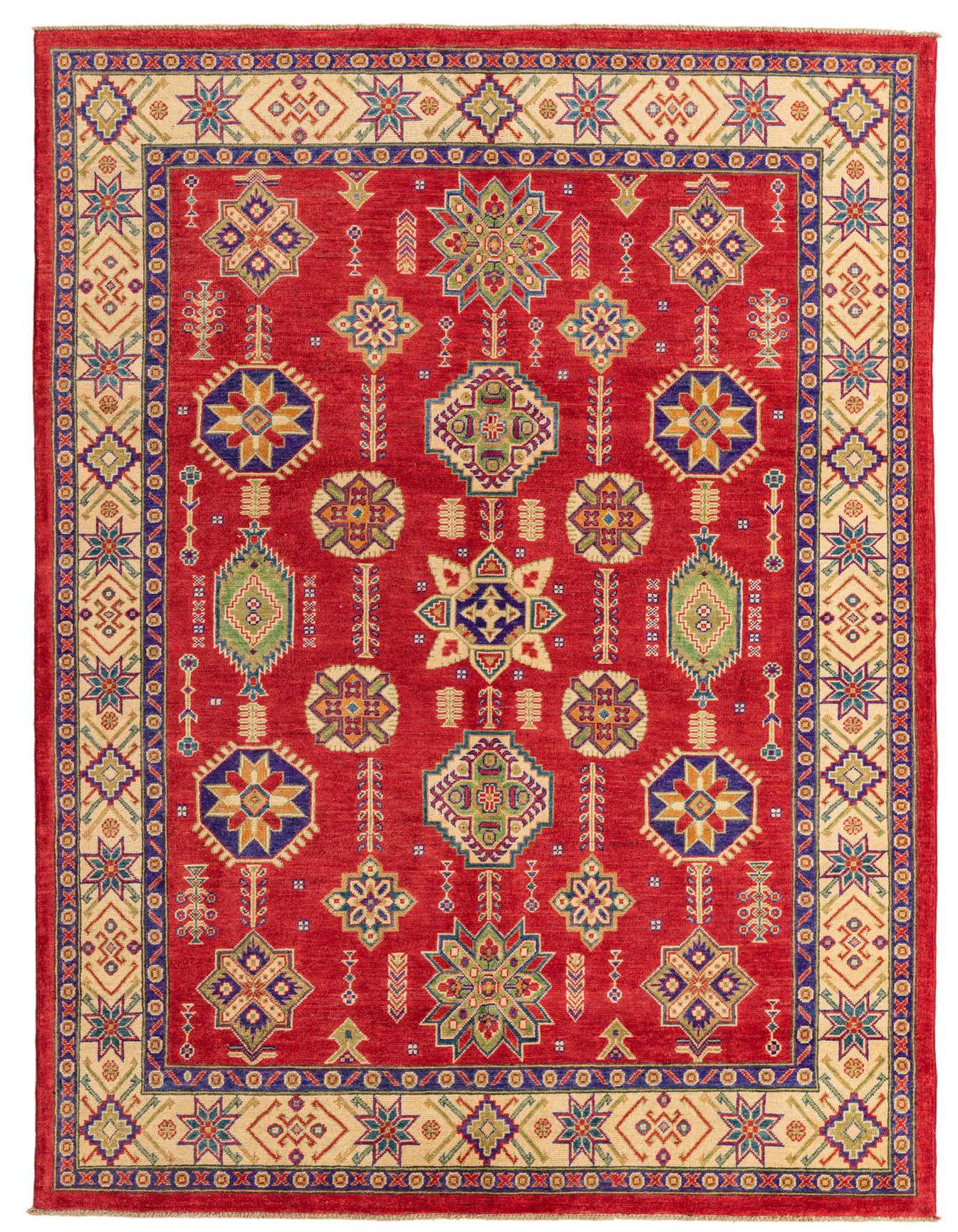 A 5x8 rectangular red Southwestern rug with a detailed oriental pattern and a cream border, made of hand-spun wool.