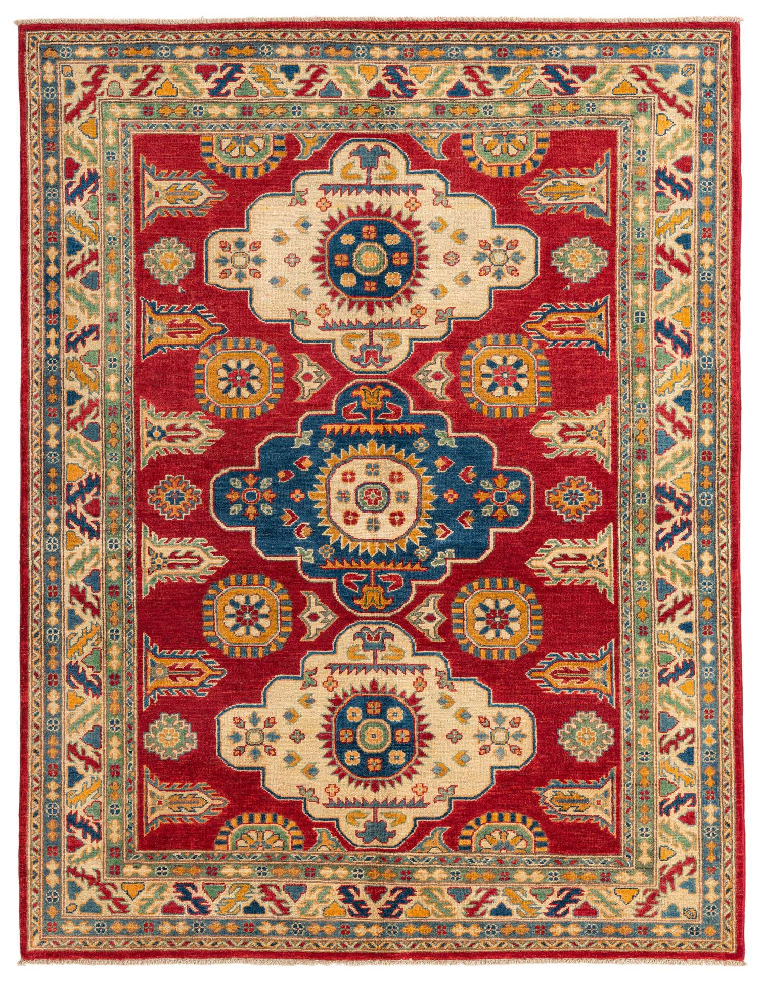 A 6x9 rectangular red Kazak rug featuring a traditional Southwestern medallion pattern in blue, cream, yellow, and green.