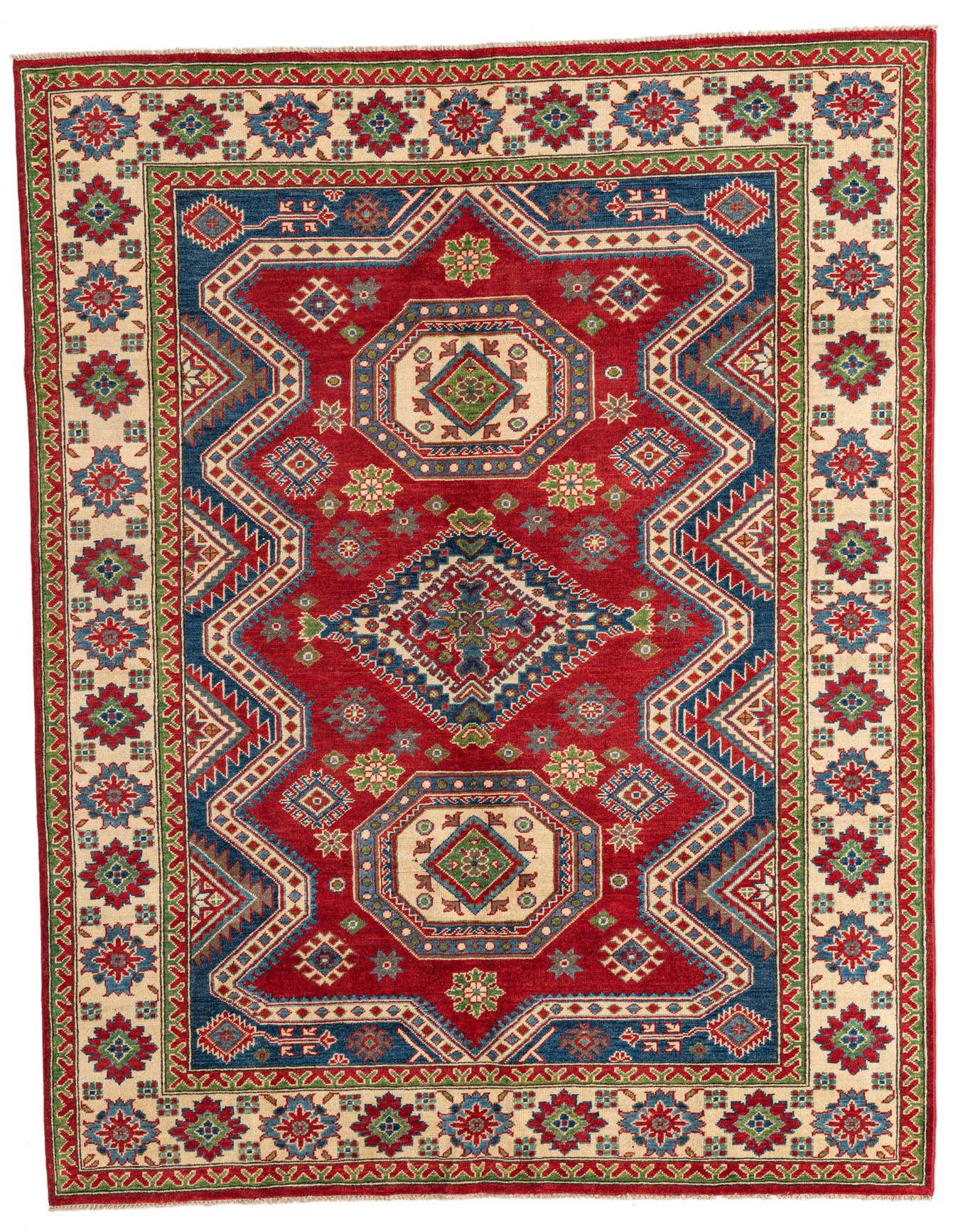 A 6x9 rectangular red Kazak rug with a central medallion, intricate geometric patterns, and a cream border, ideal for a living room.
