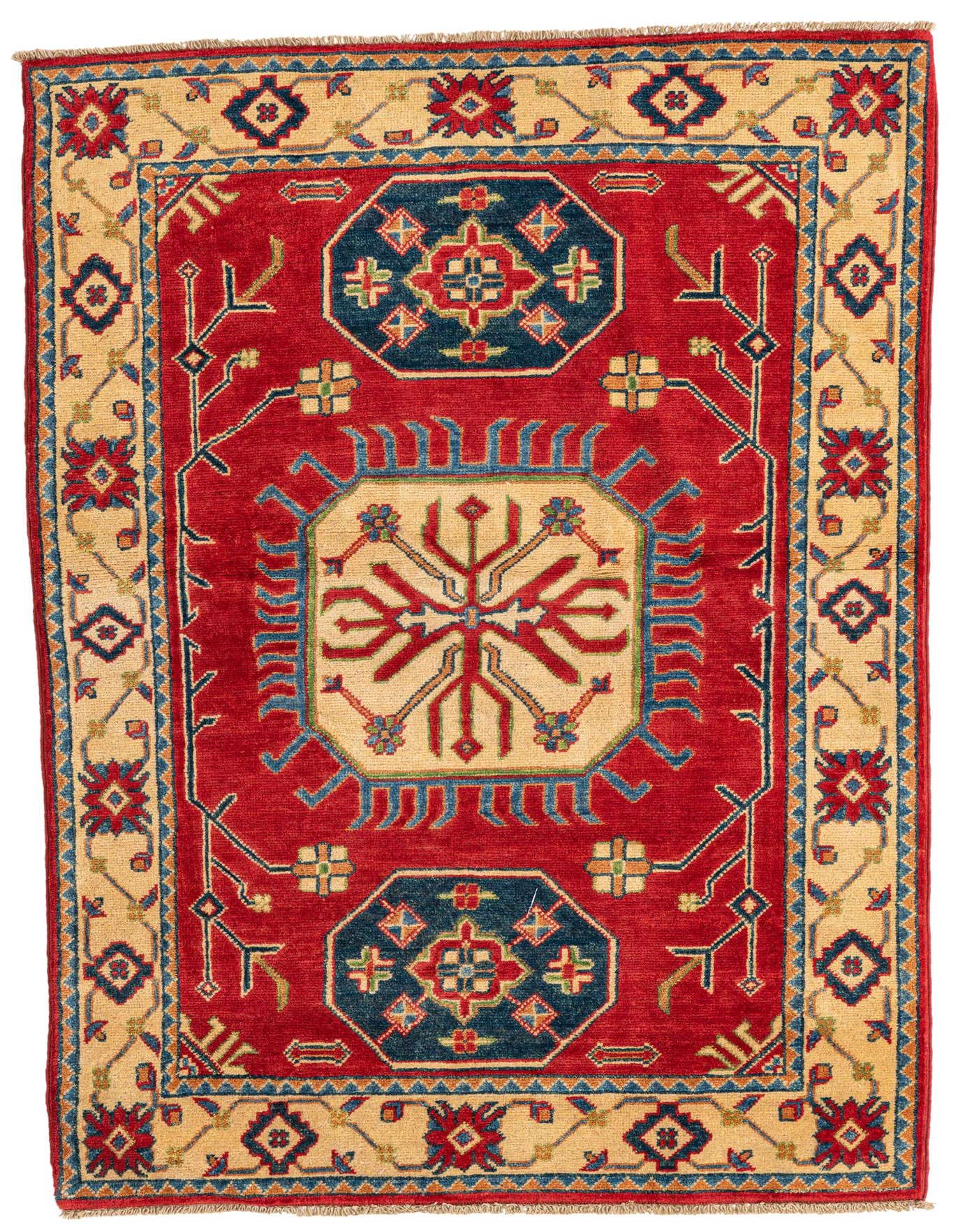 A 3x5 rectangular red Kazak rug with a traditional Southwestern medallion pattern and a beige border.