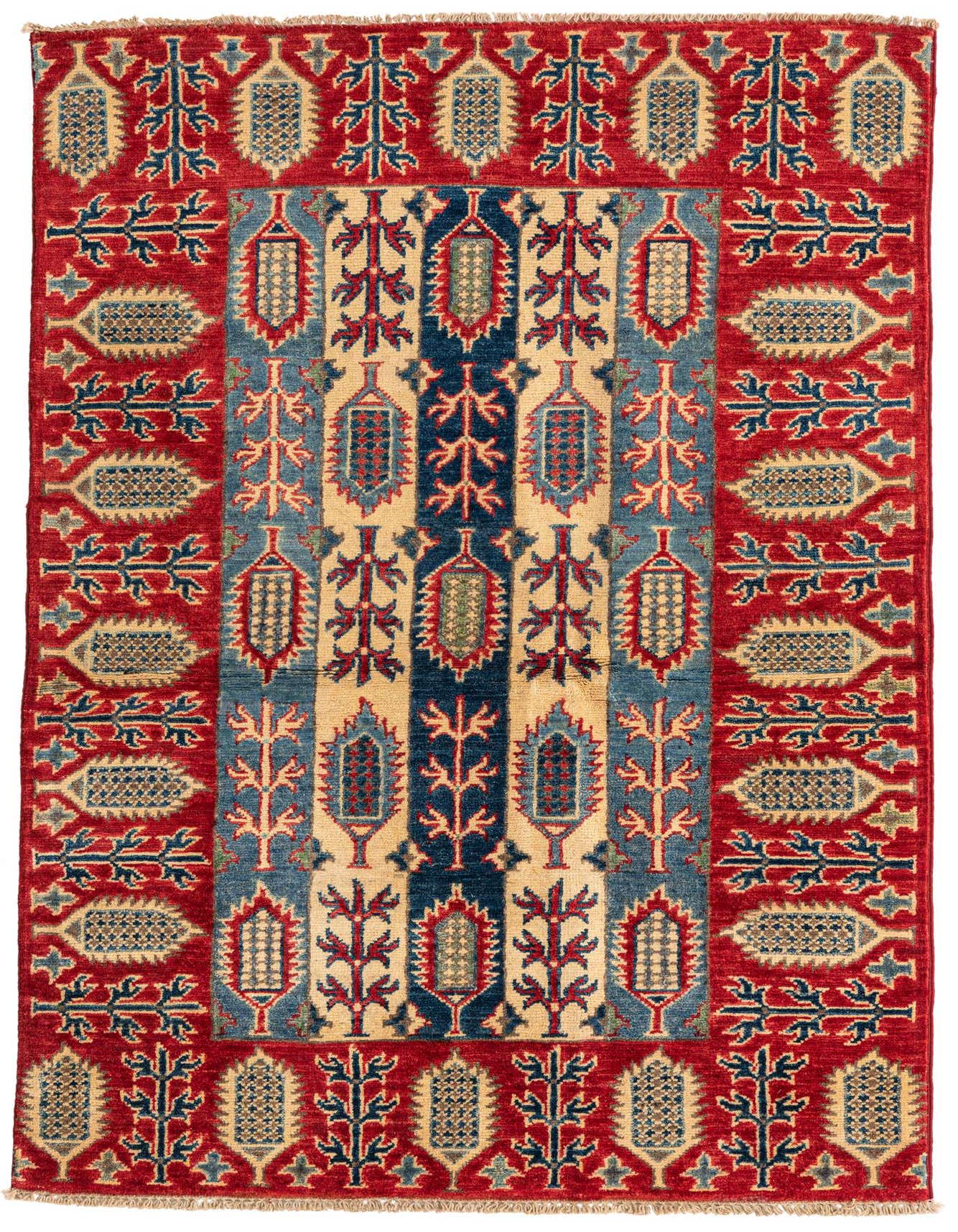A 3x5 rectangular Rugs.com Kazak rug with a traditional Southwestern design in reds, blues, and cream.
