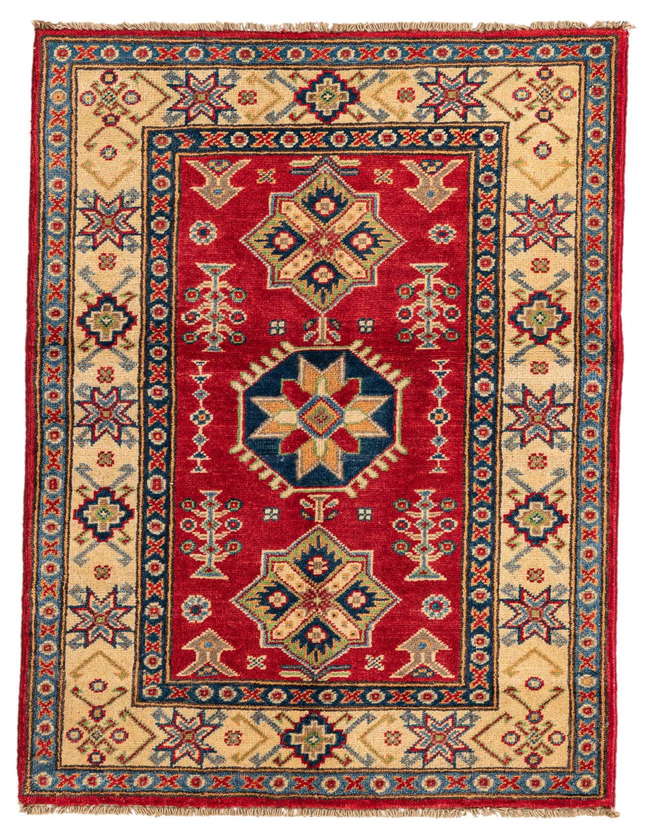 A 3x4 rectangular Rugs.com Kazak rug featuring a bold red field with a central medallion and a beige border, showcasing traditional Southwestern and Oriental patterns.