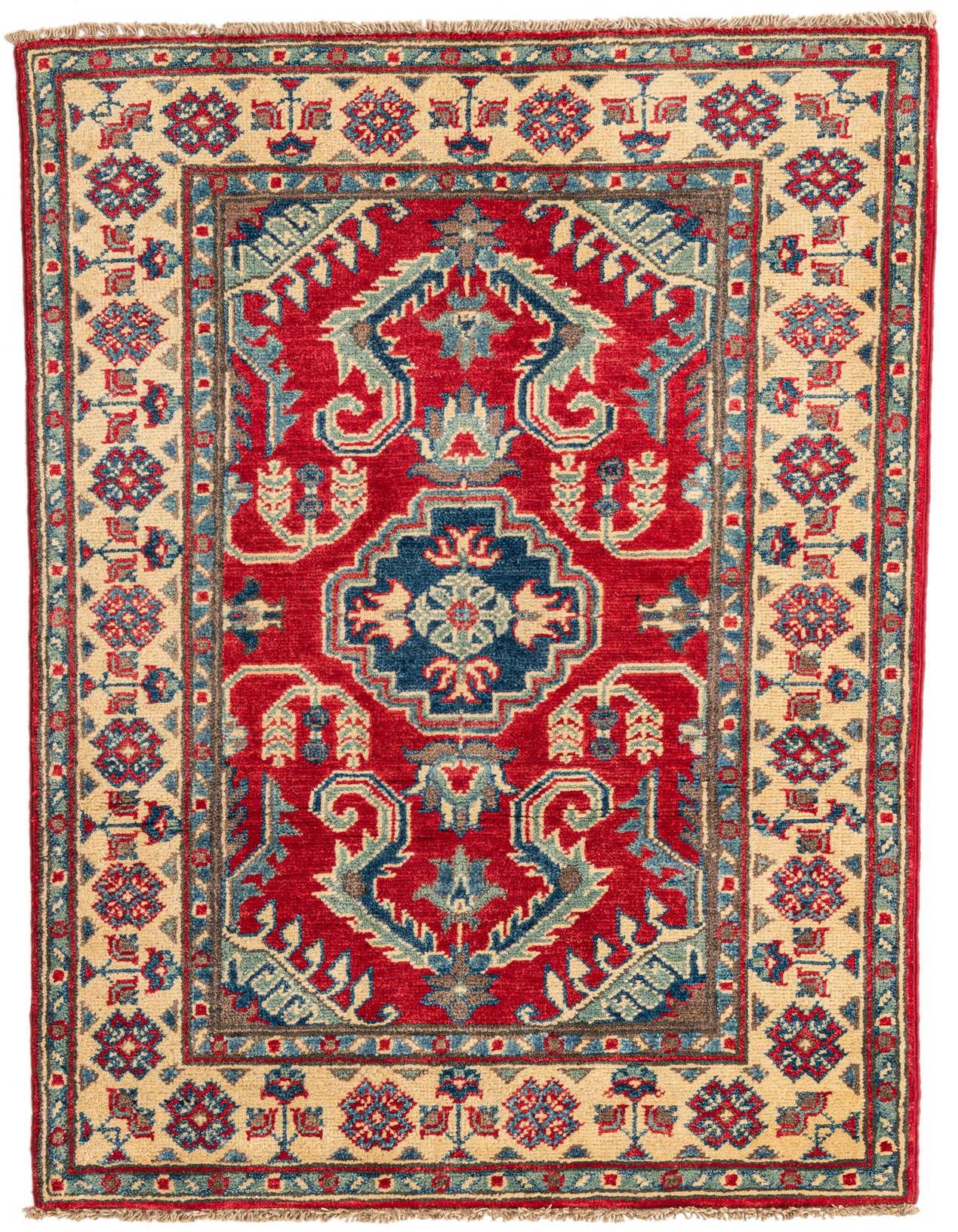 A 3x4 rectangular Kazak rug with a rich red field and intricate traditional Southwestern patterns in blue, beige, and green.